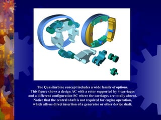 The Quasiturbine concept includes a wide family of options.  This figure shows a design AC with a rotor supported by 4 carriages  and a different configuration SC where the carriages are totally absent.  Notice that the central shaft is not required for engine operation,  which allows direct insertion of a generator or other device shaft.   