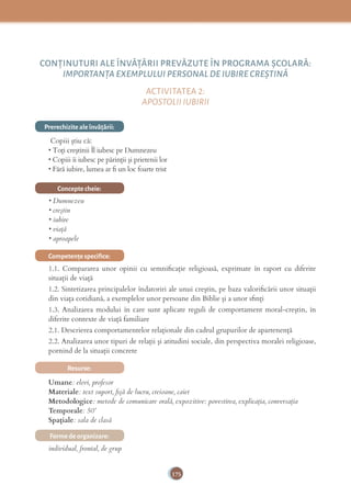 175
CONŢINUTURI ALE ÎNVĂŢĂRII PREVĂZUTE ÎN PROGRAMA ȘCOLARĂ:
IMPORTANŢA EXEMPLULUI PERSONAL DE IUBIRE CREȘTINĂ
ACTIVITATEA 2:
APOSTOLII IUBIRII
Prerechizite ale învăţării:
Copiii știu că:
• Toţi creştinii Îl iubesc pe Dumnezeu
• Copiii îi iubesc pe părinţii şi prietenii lor
• Fără iubire, lumea ar ﬁ un loc foarte trist
Concepte cheie:
• Dumnezeu
• creştin
• iubire
• viaţă
• aproapele
Competenţe speciﬁce:
1.1. Compararea unor opinii cu semniﬁcație religioasă, exprimate în raport cu diferite
situații de viață
1.2. Sintetizarea principalelor îndatoriri ale unui creștin, pe baza valoriﬁcării unor situații
din viața cotidiană, a exemplelor unor persoane din Biblie și a unor sﬁnți
1.3. Analizarea modului în care sunt aplicate reguli de comportament moral-creștin, în
diferite contexte de viață familiare
2.1. Descrierea comportamentelor relaționale din cadrul grupurilor de apartenență
2.2. Analizarea unor tipuri de relații și atitudini sociale, din perspectiva moralei religioase,
pornind de la situații concrete
Resurse:
Umane: elevi, profesor
Materiale: text suport, ﬁşă de lucru, creioane, caiet
Metodologice: metode de comunicare orală, expozitive: povestirea, explicaţia, conversaţia
Temporale: 50’
Spațiale: sala de clasă
Forme de organizare:
individual, frontal, de grup
 