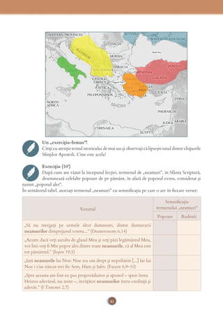 81
Un „exerciţiu-bonus”!
Citiți cu atenţie textul istoricului de mai sus și observați că lipseşte unul dintre chipurile
Sﬁnţilor Apostoli. Cine este acela?
Exercițiu (10’)
După cum am văzut la începutul lecţiei, termenul de „neamuri”, în Sfânta Scriptură,
desemnează celelalte popoare de pe pământ, în afară de poporul evreu, considerat şi
numit „poporul ales”.
În următorul tabel, asociaţi termenul „neamuri” cu semniﬁcaţia pe care o are în ﬁecare verset:
Versetul
Semniﬁcaţia
termenului „neamuri”
Popoare Rudenii
„Să nu mergeţi pe urmele altor dumnezei, dintre dumnezeii
neamurilor dimprejurul vostru...” (Deuteronom 6,14)
„Acum: dacă veţi asculta de glasul Meu şi veţi păzi legământul Meu,
voi Îmi veţi ﬁ Mie popor ales dintre toate neamurile, că al Meu este
tot pământul.” (Ieşire 19,5)
„Iată neamurile lui Noe: Noe era om drept şi neprihănit [...] Iar lui
Noe i s’au născut trei ﬁi: Sem, Ham şi Iafet. (Facere 6,9-10)
„Spre aceasta am fost eu pus propovăduitor şi apostol – spun întru
Hristos adevărul, nu mint –, învăţător neamurilor întru credinţă şi
adevăr.” (I Timotei 2,7)
 