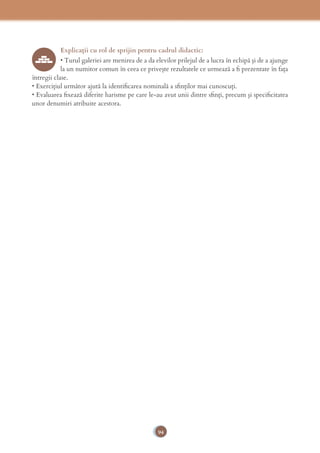 94
Explicaţii cu rol de sprijin pentru cadrul didactic:
• Turul galeriei are menirea de a da elevilor prilejul de a lucra în echipă şi de a ajunge
la un numitor comun în ceea ce priveşte rezultatele ce urmează a ﬁ prezentate în faţa
întregii clase.
• Exerciţiul următor ajută la identiﬁcarea nominală a sﬁnţilor mai cunoscuţi.
• Evaluarea ﬁxează diferite harisme pe care le-au avut unii dintre sﬁnţi, precum şi speciﬁcitatea
unor denumiri atribuite acestora.
 