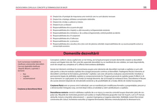 DEZVOLTAREA COPILULUI. CONCEPTE ŞI TERMINOLOGIE DE BAZĂ 11
Sunt numeroase modalităţi de
clasiﬁcare a domeniilor dezvoltării.
Cea mai răspîndită clasiﬁcare
(după B. Bloom), cuprinde 3
domenii:
• ﬁzic
• cognitiv
• socioemoţional
Dreptul de a ﬁ protejat de impunerea unor restricţii care nu sunt absolut necesare
Dreptul de a înţelege utilitatea cunoştinţelor dobîndite
Dreptul de a învăţa cu plăcere şi interes
Dreptul la joc şi relaxare
Responsabilitatea de a-şi purta de grijă
Responsabilitatea de a împărţi cu alţii resursele şi echipamentele existente
Responsabilitatea de a întreţine şi de a utiliza echipamentele, evitînd posibile accidente
Responsabilitatea de a ﬁ cooperant
Responsabilitatea de a ﬁ afectuos
Responsabilitatea de a comunica
Responsabilitatea de a asculta şi de a ţine cont de părerea celorlalţi; responsabilitatea de a-şi asuma propriile acţiuni şi
consecinţele acestora
Conceptul, conform căruia copilul este un tot întreg, are la bază principiul că toate domeniile creşterii şi dezvoltării
umane sunt legate între ele. Nici unul din aspectele dezvoltării nu se manifestă de sine stătător, iar toate deprinderile,
oricît de simple sau complexe ar ﬁ, reﬂectă intercorelarea abilităţilor.
Aceste teri domenii contribuie la concentrarea asupra unor elemente ale dezvoltării normale a copilului şi sunt utili-
zate pentru a descrie evoluţia copilului de-a lungul procesului continuu al dezvoltării. Înţelegerea ﬁecărui domeniu al
dezvoltării contribuie la formularea„portretului“ copilului, care este util pentru evaluarea caracteristicilor imediate şi
permanente legate de abilităţile copilului şi comportamentului lui. Progresul personal al copilului poate ﬁ diferit în di-
verse domenii: un copil poate să se înveţe să meargă devreme, dar să înceapă să vorbească tîrziu. Dezvoltarea în ﬁecare
din aceste domenii depinde de stimulentele existente şi de posibilităţile de a învăţa oferite de mediul înconjurător.
Creşterea ﬁzică este un proces strict individual, care se manifestă prin modiﬁcarea formelor şi proprietăţilor, precum şi
a dimensiunilor întregului corp, servind drept indiciu al sănătăţii şi stării satisfăcătoare a copilului.
Dezvoltarea motorie constă în abilitatea copilului de a se mişca şi a exercita controlul asupra diverselor părţi ale cor-
pului său. Mişcările de motricitate grosieră sunt acelea ce implică folosirea grupurilor mari de muşchi, cum ar ﬁ mersul,
săriturile, înotul şi mişcările nelocomotorii — şezutul, împingerea şi tragerea obiectelor. Abilităţile motorii ﬁne includ
construirea din cuburi, încheierea nasturilor şi tragerea fermoarelor, folosirea creionului/pixului la desenare/scris.
Domeniile dezvoltării
Creşterea şi dezvoltarea ﬁzică
 