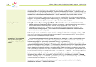 GHIDUL CADRELOR DIDACTICE PENTRU EDUCAŢIA TIMPURIE ŞI PREŞCOLARĂ114
interacţionează şi se combină într-un mod unic, singular. Toate tipurile de inteligenţe foarte rar se manifestă în mod
independent, ele, practic, acţionează complementar, concurent, compensatoriu şi coordonat. H. Gardner susţine că un
individ reprezintă o„colecţie de inteligenţe”şi, chiar dacă un registru de inteligenţă nu este prea dezvoltat, combinaţia
celorlalte tipuri, unde cunoaşte o mai înaltă dezvoltare, îi permite să activeze cu succes într-un anumit domeniu.
H. Gardner critică sistemele de învăţămînt în care sunt recunoscute doar două tipuri de inteligenţe, cea verbală şi cea
matematică. El consideră că inteligenţa este multidimensională. Un curriculum axat pe dezvoltare şi formare recunoaşte
multidimensionalitatea, existenţa diferenţelor, deci îl are pe H. Gardner un susţinător al său.
Implicaţiile teoriei multiplelor inteligenţe (T.M.I.) în realizarea curriculum-ului are următoarele consecinţe:
• Impune cunoaşterea îndeaproape a copilului: a proﬁlului de inteligenţă — aptitudinile, detectarea punctelor forte
şi a punctelor vulnerabile; stilurile de învăţare, ritmul de dezvoltare; interesele; cultura familiei etc.
• Impune proiectarea demersurilor pedagogice necesare pentru individualizarea procesului educaţional prin
proiectarea obiectivelor, a strategiilor, a mediului educaţional favorabil învăţării autentice; reglarea şi ajustarea
permanentă a demersurilor pedagogice.
Implicarea T.M.I. impune conştientizarea de către educatori şi părinţi că toate tipurile de inteligenţe au acelaşi grad de
importanţă în dezvoltarea personalităţii copiilor şi pentru integrarea lor în societate. Inteligenţele reprezintă diferite
domenii şi conţinuturi, diferite modalităţi de învăţare.
Educatoarea din grupa pregătitoare este îngrijorată de Sergiu (6 ani), că în ﬁecare zi îşi alege să activeze numai Centrul
„Blocuri” (de construcţii) şi, oricît l-ar provoca dînsa să meargă în alte centre, el refuză, merge mereu în acelaşi centru şi
deseori activează singur: cum va învăţa el să colaboreze, să comunice, să citească, să scrie?
La tema zilei „Încălţămintea”, Sergiu ca de obicei şi-a ales centrul „Blocuri”, a construit o clădire cu multe niveluri, cu intrări
arcuite, o clădire foarte frumoasă. La întrebarea: „Ce ai construit, Sergiu?”, el a răspuns că a construit un magazin de încălţăminte.
Educatoarea l-a întrebat, cum să înţeleagă lumea că acesta este magazin şi nu restaurant ori muzeu, cum deosebeşte el în care
clădire e magazin, în care e teatru etc., întrebare la care Sergiu a răspuns că pe ele este scris, că el va scrie o ﬁrmă, că va desena
marfa cuvenită. Pînă la urmă, Sergiu a scris o listă de încălţăminte, a desenat şi a decupat încălţăminte, ajutat de ceilalţi copii, a
desenat bancnote (lei, dolari), au mai adus şi încălţăminte de-a lor, s-au jucat „de-a magazinul” — au vîndut, au cumpărat etc.
Deci s-a produs o renunţare la sarcini uniforme, la perspectiva limitată a concentrării pe sarcini ce vizează doar
competenţele de tip academic (scris, citit, numărat, socotit etc.), ceea ce s-a întîmplat a fost, cu adevărat, o practică
didactică centrată pe copil, pe necesităţile lui şi, în acest mod procedînd, educatoarea l-a stimulat pe copil să valoriﬁce
resursele individuale prin implicarea mai multor inteligenţe.
Acesta este un exemplu de realizare a individualizării, posibil în cazul respectării principiilor teoriei multiplelor
inteligenţe, care ne conduce şi spre stilurile de învăţare:
Fiecare copil este unic!
Exemplu privind dominanţa uneia
dintre tipurile de inteligenţă cu
impact asupra stilului individual de
învăţare:
 