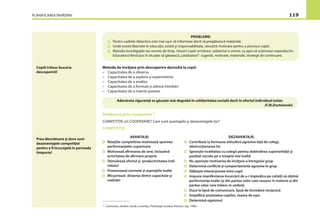 PLANIFICAREA ÎNVĂŢĂRII 119
PROBLEME:
Pentru cadrele didactice este mai uşor să informeze decît să pregătească materiale.
Unde există libertate în educaţie, există şi responsabilitate, necesită motivare pentru a provoca copiii.
Metoda investigaţiei are nevoie de timp. Uneori copiii urmăresc subiectul o vreme, ca apoi să acţioneze neproductiv.
Educatorul ﬁind pus în situaţie să găsească„catalizatori”: sugestii, motivare, materiale, strategii de continuare.
Copiii trăiesc bucuria
descoperirii!
Metoda de învăţare prin descoperire dezvoltă la copii:
– Capacitatea de a observa
– Capacitatea de a explora şi experimenta
– Capacitatea de a analiza
– Capacitatea de a formula şi adresa întrebări
– Capacitatea de a înainta ipoteze
Adevărata siguranţă se găseşte mai degrabă în solidaritatea socială decît în efortul individual izolat.
(F.M.Dostoievski)
Învăţarea prin cooperare18
COMPETIŢIE ori COOPERARE? Care sunt avantajele şi dezavantajele lor?
COMPETIŢIE
18
Cosmovici, Andrei, Iacob, Luminiţa, Psihologie şcolară, Polirom, Iaşi, 1999.
Prea dăunătoare şi dure sunt
dezavantajele competiţiei
pentru a ﬁ încurajată în perioada
timpurie!
AVANTAJE:
Relaţiile competitive motivează sporirea
performanţelor superioare
Motivează aﬁrmarea de sine, incluzînd
activitatea de aﬁrmare proprie
Stimulează efortul şi productivitatea indi-
vidului
Promovează normele şi aspiraţiile înalte
Micşorează distanţa dintre capacitate şi
realizări
DEZAVANTAJE:
Contribuie la formarea atitudinii agresive faţă de colegi,
obstrucţionarea lor
Sporeşte rivalitatea cu colegii pentru dobîndirea superiorităţii şi
poziţiei sociale pe o treaptă mai înaltă
Nu sporeşte motivarea de învăţare a întregului grup
Determină conﬂicte şi comportamente agresive în grup
Slăbeşte interacţiunea între copii
Impune manifestarea încercării de a-i împiedica pe ceilalţi să obţină
performanţe înalte (şi din partea celor care reuşesc în materie şi din
partea celor care trăiesc în umbră)
Duce la lipsă de comunicare, lipsă de încredere reciprocă
Ampliﬁcă anxietatea copiilor, teama de eşec
Determină egoismul
 