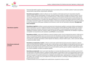 GHIDUL CADRELOR DIDACTICE PENTRU EDUCAŢIA TIMPURIE ŞI PREŞCOLARĂ12
Domeniul dezvoltării cognitive vizează implicarea tuturor proceselor psihice şi achiziţiile copilului în planul percepţiilor,
reprezentărilor, deprinderilor, obişnuinţelor, abilităţilor.
Dezvoltarea perceptivă se referă la utilizarea tot mai complexă a informaţiei primite prin intermediul simţurilor:
văzului, auzului, simţului tactil/atingere, mirosului, gustului şi poziţiei corpului. Percepţia se referă la modul în care un
simţ sau combinaţia din mai multe simţuri sunt folosite pentru a selecta aspecte speciﬁce ale mediului (culori, dimen-
siuni, forme, sunete, gusturi, texturi, parfumuri etc.), asupra cărora e necesar să se insiste pentru a putea distinge care
detalii au importanţă, pentru a cunoaşte căror deosebiri trebuie să li se acorde atenţie. Bazele sistemului receptiv sunt
puse deja la momentul naşterii. Prin experienţă, învăţare şi maturizare, percepţia se dezvoltă printr-un proces coordonat
şi unitar de prelucrare a informaţiei complexe şi de remarcare a celor mai mici asemănări şi deosebiri. Percepţia este
baza cunoaşterii.
Dezvoltarea cognitivă constituie un proces permanent prin interacţiunea copilului cu persoane, obiecte, participarea la
diverse evenimente ce au loc în mediul înconjurător. Procesul cognitiv include astfel de activităţi mintale cum ar ﬁ desco-
perirea, interpretarea, divizarea, clasiﬁcarea şi memorizarea informaţiei. În cazul preşcolarilor, procesul cognitiv include
abilităţile de receptare, prelucrare, evaluare a ideilor, de judecată, de soluţionare a problemelor, de înţelegere a regulilor şi
conceptelor noi, de previziune şi de vizualizare a posibilităţilor şi consecvenţelor.
Dezvoltarea vorbirii. Limba poate ﬁ deﬁnită ca sistem de simboluri rostite, scrise sau exprimate prin gesturi. Limba este un
sistem care le permite ﬁinţelor umane să comunice între ele. Dezvoltarea normală a vorbirii are loc pe secvenţe. Dez-
voltarea vorbirii (limbajul) este inﬂuenţată de dezvoltarea generală a copilului: cognitivă, socială, perceptivă şi neuro-
musculară. De asemenea, dezvoltarea vorbirii depinde de calitatea şi volumul vorbirii auzite, cu alte cuvinte de calitatea
şi volumul stimulilor verbali.
Dezvoltarea emoţională şi socială se referă la sentimentele copilului faţă de propria persoană şi relaţia lui cu alte per-
soane, la comportamentul copilului şi reacţiile sale în cadrul jocului şi lucrului, legătura emoţională formată între copil şi
părinţii săi sau persoanele care îl îngrijesc, relaţia dintre copil şi alţi membri ai familiei sau prieteni. Alte aspecte funda-
mentale ale dezvoltării emoţionale şi sociale sunt asumarea rolurilor speciﬁce genului copilului, independenţa, autono-
mia, simţul moralităţii, încrederea, acceptarea regulilor.
Dezvoltarea emoţională. Uneori acest tip de dezvoltare se numeşte dezvoltare personală şi constituie o parte extrem
de importantă a dezvoltării timpurii a copilului. Emoţiile copilului se diversiﬁcă în timp ce el reacţionează la diverse eve-
nimente printr-un spectru larg de sentimente. În perioada micii copilării sunt însuşite unele abilităţi emoţionale: capaci-
tatea de a accepta şi a exprima sentimente, de a înţelege sentimentele altora, capacitatea de a reacţiona la schimbări,
de a judeca, de a cunoaşte şi de a primi plăcere de la senzaţia de deţinere a controlului, inﬂuenţei, abilităţi de a avea
grijă de propria persoană.
În afară de aceasta, la cea mai fragedă vîrstă copilul devine conştient de natura sa socială.
Dezvoltarea cognitivă
Dezvoltarea emoţională
şi socială
 