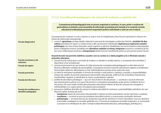 PLANIFICAREA ÎNVĂŢĂRII 123
11.2.2. Funcţiile psihopedagogice ale acţiunii de evaluare a copilului mic
Cunoaşterea prin evaluare nu este o acţiune cu scop în sine. Ea îndeplineşte cîteva funcţii importante în diverse mo-
mente ale intervenţiei educaţionale.
constă în aprecierea, pe baza datelor obţinute în procesul de investigaţie a psihicului infantil, a nivelului de dez-
voltare psihoﬁzică (în raport cu media vîrstei şi alte caracteristici individuale), depistarea şi explicarea cauzelor
psihologice care stau la baza diverselor reacţii cognitive şi afective. Modalitatea cea mai la îndemîna educatoarelor
pentru înţelegerea acestor cauzalităţi este abordarea copilului ca întreg, integrarea acestuia în complexul de fac-
tori care îi inﬂuenţează existenţa şi interpretarea datelor privind manifestările psihice şi prin prisma acestor factori.
Această funcţie mai permite stabilirea cauzelor care au condus la o slabă pregătire şi la o eﬁcienţă scăzută a
acţiunilor educative.
această funcţie indică dacă o activitate de învăţare s-a derulat în condiţii optime, o cunoştinţă a fost asimilată, o
deprindere a fost achiziţionată.
caracterul permanent pe care trebuie să-l aibă acţiunea de cunoaştere psihopedagogică va oferi date privind
dinamica diferitelor variabile ale personalităţii. Cunoaşterea acestora îi permite educatoarei reglarea şi ameliorarea
intervenţiilor didactice, diferenţierea şi chiar individualizarea acestora acolo unde este cazul.
se referă la anticiparea tendinţelor şi ritmului de evoluţie a vieţii psihice a copilului, a nevoilor şi disponibilităţilor
viitoare ale copiilor. Ea permite organizarea intervenţiilor educaţionale, astfel încît ele să faciliteze împiedicarea
manifestărilor negative şi valoriﬁcarea la maxim a potenţialului copilului.
proﬁlul de dezvoltare psihologică — aşa cum este el descris de educatoare — constituie o sursă de informare
permanentă pentru părinţi şi un punct de pornire în cunoaşterea proaspătului şcolar pentru învăţătorii de la ci-
clul primar. Din acest stadiu al educaţiei preşcolare educatoarea trebuie să facă din acţiunea de cunoaştere a
individualităţii şi un suport pentru încurajarea autocunoaşterii.
presupune stabilirea direcţiilor de acţiune în vederea dezvoltării la maximum a potenţialităţilor psihoﬁzice de care
dispune copilul. Acestea pot să ﬁe:
– menţinerea tipului de intervenţie educaţională în vederea activării potenţialului real de exprimare a copilului;
– consilierea — accentul se pune pe protejarea dezvoltării psihice şi contracararea tendinţelor deviante;
– psihoterapia — accentul este pus pe recuperare (cazurile de rămînere în urmă în dezvoltare, insucces, abandon
al activităţii, neadaptare la cerinţele grădiniţei etc.). În funcţie de amploarea activităţii terapeutice, se recomandă
ca aceasta să se desfăşoare de către o echipă multiprofesională (educator, psihopedagog, psiholog etc.);
Funcţia diagnostică
Cunoaşterea psihopedagogică este un proces organizat şi continuu, în care, printr-o acţiune de
generalizare şi sinteză a unui ansamblu de informaţii acumulate prin metode şi în contexte variate,
educatorul evidenţiază parametrii organizării psihice individuale a celor pe care îi educă.
Funcţia constatare şi de
măsurare
Funcţia de reglare
Funcţia pronostică
Funcţia de informare
Funcţia de condiţionare a
deciziilor pedagogice
 