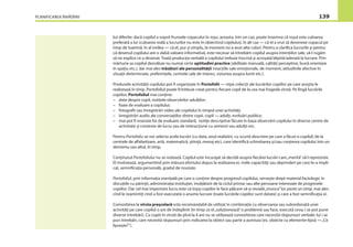 PLANIFICAREA ÎNVĂŢĂRII 139
lut diferite: dacă copilul a vopsit frunzele copacului în roşu, aceasta, într-un caz, poate însemna că roşul este culoarea
preferată a lui (culoarea reală a lucrurilor nu este în obiectivul copilului), în alt caz — că el a vrut să deseneze copacul pe
timp de toamnă, în al treilea — că el, pur şi simplu, la moment nu a avut alte culori. Pentru a clariﬁca lucrurile şi pentru
că desenul copilului are o slabă valoare informativă, este necesar să întrebăm copilul asupra intenţiilor sale, să-l rugăm
să ne explice ce a desenat. Toată producţia verbală a copilului trebuie înscrisă şi acroşată/alipită/aderată la lucrare. Prin
mărturia sa copilul dezvăluie nu numai certe aptitudini practice (abilitate manuală, calităţi perceptive, bună orientare
în spaţiu etc.), dar mai ales trăsături ale personalităţii (reacţiile sale emoţionale, de moment, atitudinile afective în
situaţii determinate, preferinţele, centrele sale de interes, viziunea asupra lumii etc.).
Produsele activităţii copilului pot ﬁ organizate în Portofolii — nişte colecţii ale lucrărilor copiilor pe care aceştia le
realizează în timp. Portofoliul poate ﬁ/trebuie creat pentru ﬁecare copil de la cea mai fragedă vîrstă. Pe lîngă lucrările
copiilor, Portofoliul mai conţine:
– date despre copil, notiţele observărilor adulţilor;
– foaie de evaluare a copilului;
– fotograﬁi sau înregistrări video ale copilului în timpul unei activităţi;
– înregistrări audio ale conversaţiilor dintre copii, copil — adulţi, evoluări publice;
– mai pot ﬁ inserate foi de evaluare standard, notiţe descriptive făcute în baza observării copilului în diverse centre de
activitate şi contexte de lucru sau de interacţiune cu semenii sau adulţii etc.
Pentru Portofoliu se vor selecta acele lucrări (cu data, anul realizării, cu scurtă descriere pe care a făcut-o copilul) de la
centrele de alfabetizare, artă, matematică, ştiinţă, menaj etc), care identiﬁcă schimbarea şi/sau creşterea copilului într-un
domeniu sau altul, în timp.
Conţinutul Portofoliului nu se notează. Copilul este încurajat să decidă asupra ﬁecărei lucrări care„merită”să-l reprezinte.
El motivează, argumentînd prin măsura efortului depus la realizarea ei, noile capacităţi sau deprinderi pe care le-a impli-
cat, semniﬁcaţia personală, gradul de noutate.
Portofoliul, prin informaţia esenţială pe care o conţine despre progresul copilului, serveşte drept material factologic în
discuţiile cu părinţii, administraţia instituţiei, învăţătorii de la ciclul primar sau alte persoane interesate de progresele
copiilor. Dar cel mai important lucru este că înşişi copiilor le face plăcere să-şi revadă„munca”lor peste un timp, mai ales
cînd le reamintiţi cînd a fost executată o anume lucrare (toate lucrările copiilor sunt datate) şi care a fost semniﬁcaţia ei.
Convorbirea la vîrsta preşcolară este recomandabil de utilizat în combinaţie cu observarea sau subordonată unei
activităţi pe care copilul o are de îndeplinit (în timp ce el„soluţionează”o problemă sau face, execută ceva, i se pot pune
diverse întrebări). Cu copiii în vîrstă de pînă la 4 ani nu se utilizează convorbirea care necesită răspunsuri verbale: lui i se
pun întrebări, care necesită răspunsuri prin indicarea la obiect sau parte a acestuia (ex. obiecte cu elemente-lipsă —„Ce
lipseşte?”).
 