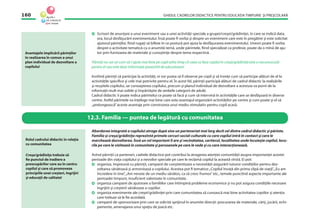 GHIDUL CADRELOR DIDACTICE PENTRU EDUCAŢIA TIMPURIE ŞI PREŞCOLARĂ160
Avantajele implicării părinţilor
în realizarea în comun a unui
plan individual de dezvoltare a
copilului
Scrisori de anunţare a unui eveniment sau a unei activităţi speciale a grupei/creşei/grădiniţei, în care se indică data,
ora, locul desfăşurării evenimentului. Însă poate ﬁ vorba şi despre un eveniment care este în pregătire şi este solicitat
ajutorul părinţilor, ﬁind rugaţi să bifeze în ce postură pot ajuta la desfăşurarea evenimentului. Uneori poate ﬁ vorba
despre o activitate tematică cu o anumită temă, unde părintele, ﬁind specializat ca profesie, poate da o mînă de aju-
tor prin furnizarea de materiale şi cunoştinţe despre tema respectivă.
Părinţii nu vor şti cum să-l ajute mai bine pe copil atîta timp cît ceea ce face copilul în creşă/grădiniţă este o necunoscută
pentru el sau este doar informaţie povestită de educatoare!
Invitînd părinţii să participe la activităţi, ei vor putea să îl observe pe copil şi să înveţe cum să participe alături de el la
activităţile speciﬁce şi cele mai potrivite pentru el. În acest fel, părinţii participă alături de cadrul didactic la realizările
şi reuşitele copilului, iar cunoaşterea copilului, precum şi planul individual de dezvoltare a acestuia va porni de la
informaţii mult mai solide şi împărtăşite de ambele categorii de adulţi.
Cadrul didactic îi poate indica părintelui ce poate să facă şi cum să intervină în activităţile care se desfăşoară în diverse
centre. Astfel părintele va înţelege mai bine care este avantajul organizării activităţilor pe centre şi cum poate şi el să
„prelungească”aceste avantaje prin construirea unui mediu stimulativ pentru copil acasă.
12.3. Familia — puntea de legătură cu comunitatea
Abordarea integrată a copilului atrage după sine un parteneriat mai larg decît cel dintre cadrul didactic şi părinte.
Familia şi creşa/grădiniţa reprezintă primele cercuri social-culturale cu care copilul intră în contact şi care le
marchează dezvoltarea. Însă un rol important îl are şi vecinătatea, cartierul, localitatea unde locuieşte copilul, locu-
rile pe care le vizitează în comunitate şi persoanele pe care le vede şi cu care interacţionează.
Avînd părinţii ca parteneri, cadrele didactice pot contribui la atragerea atenţiei comunităţii asupra importanţei acestei
perioade din viaţa copilului şi a nevoilor speciale pe care le reclamă copilul la această vîrstă. Ei pot:
organiza, împreună cu părinţii, campanii de conştientizare a necesităţii asigurării tuturor condiţiilor pentru dez-
voltarea sănătoasă şi armonioasă a copilului. Acestea pot ﬁ tematice:„Copilul învaţă din prima clipă de viaţă”,„Eu am
încredere în tine”,„Am nevoie de un mediu sănătos, ca să cresc frumos”etc., temele punctînd aspecte importante ale
perioadei timpurii, insuﬁcient valorizate în comunitate.
organiza campanii de ajutorare a familiilor care întîmpină probleme economice şi nu pot asigura condiţiile necesare
îngrijirii şi creşterii sănătoase a copiilor.
organiza evenimente ale creşei/grădiniţei prin care comunitatea să cunoască mai bine activitatea copiilor şi atenţia
care trebuie să le ﬁe acordată.
campanii de sponsorizare prin care se solicită sprijinul în anumite direcţii: procurarea de materiale, cărţi, jucării, echi-
pamente, amenajarea unui spaţiu de joacă etc.
Rolul cadrului didactic în relaţia
cu comunitatea
Creşa/grădiniţa trebuie să
ﬁe punctul de iradiere a
preocupărilor care au în centru
copilul şi care să promoveze
principiile unei creşteri, îngrijiri
şi educaţii de calitate!
 