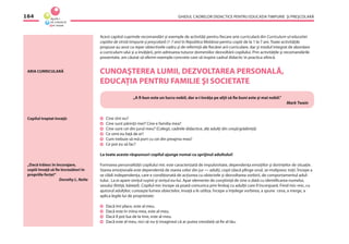 GHIDUL CADRELOR DIDACTICE PENTRU EDUCAŢIA TIMPURIE ŞI PREŞCOLARĂ164
ARIA CURRICULARĂ
Acest capitol cuprinde recomandări şi exemple de activităţi pentru ﬁecare arie curriculară din Curriculum-ul educatiei
copiilor de vîrstă timpurie şi preşcolară (1-7 ani) în Republica Moldova pentru copiii de la 1 la 7 ani. Toate activităţile
propuse au avut ca reper obiectivele cadru şi de referinţă ale ﬁecărei arii curriculare, dar şi modul integrat de abordare
a curriculum-ului şi a învăţării, prin adresarea tuturor domeniilor dezvoltării copilului. Prin activităţile şi recomandările
prezentate, am căutat să oferim exemple concrete care să inspire cadrul didactic în practica zilnică.
CUNOAŞTEREA LUMII, DEZVOLTAREA PERSONALĂ,
EDUCAŢIA PENTRU FAMILIE ŞI SOCIETATE
„A ﬁ bun este un lucru nobil, dar a-i învăţa pe alţii să ﬁe buni este şi mai nobil.”
Mark Twain
Cine sînt eu?
Cine sunt părinţii mei? Cine e familia mea?
Cine sunt cei din jurul meu? (Colegii, cadrele didactice, alţi adulţi din creşă/grădiniţă)
Ce simt eu faţă de ei?
Cum trebuie să mă port cu cei din preajma mea?
Ce pot eu să fac?
La toate aceste răspunsuri copilul ajunge numai cu sprijinul adultului!
Formarea personalităţii copilului mic este caracterizată de impulsivitate, dependenţa emoţiilor şi dorinţelor de situaţie.
Starea emoţională este dependentă de starea celor din jur — adulţi, copii (dacă plînge unul, se molipsesc toţi). Începe a
se clădi independenţa, care e condiţionată de acţiunea cu obiectele şi dezvoltarea vorbirii, de comportamentul adul-
tului. La ei apare simţul ruşinii şi simţul eu-lui. Apar elemente de conştiinţă de sine o dată cu identiﬁcarea numelui,
sexului (fetiţă, băieţel). Copilul mic începe să poată comunica prin limbaj cu adulţii care îl înconjoară. Fiind mic-mic, cu
ajutorul adulţilor, cunoaşte lumea obiectelor, învaţă a le utiliza. Începe a înţelege vorbirea, a spune ceva, a merge, a
aplica legile lui de proprietate:
Dacă îmi place, este al meu.
Dacă este în mîna mea, este al meu.
Dacă îl pot lua de la tine, este al meu.
Dacă este al meu, nici să nu-ţi imaginezi că ar putea vreodată să ﬁe al tău.
Copilul treptat învaţă:
„Dacă trăiesc în încurajare,
copiii învaţă să ﬁe încrezători în
propriile forţe!“
Dorothy L. Nolte
 