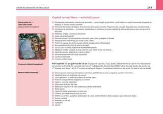 CÎTEVA RECOMANDĂRI METODOLOGICE 175
Litere peste tot —
calea spre carte!
(pentru cititori începători)
Copilul, cartea, litera — activităţi, jocuri
Etichetarea materialelor, centrelor de activitate — prin imagini şi prin litere, ca de îndată ce copilul avansează, imaginile să
dispară, să rămînă numai cuvintele
Panourile: frecvenţei, de alegere, de însărcinări (prin poze şi cuvinte). Programul zilei, mesajul, dispoziţia mea, complimentele,...
Cartonaşe de identitate — ecusoane, medalioane cu simboluri ori poza copilului şi prenumele pentru acei care pot citi şi
alte date
Răsfoirea cărţilor. Lecturarea desenelor
Joaca „de-a dactilografa”
Povestiri proprii, dictate adultului (secretar), apoi„citite”colegilor, în familie
Poveşti proprii imprimate, pe casete audio, video
Teatre de păpuşi, de umbre, jucării, siluete, imagini pentru ﬂanelograf
Semnarea lucrărilor zilnic de adult şi de copil
Jocul în cărţi cu litere, începînd de la prenumele propriu
Alfabetul familiei cu poze: eu Dan, tati Ion şi eu, mami Ana şi eu, bunica...
Litere din cauciuc, aluat de joc, cuburi cu litere
Etichetarea plantelor din curte, a jucăriilor
Cuvîntul important
Cuvinte cu litere omise
Pot ﬁ copiii de 5-7 ani, pot ﬁ cei de 2-3 ani. În grupa de copii de 2-3 ani, Sandu, arătînd literele pe care le scria educatoarea
pe lucrarea lui, întrebă:„Ce-s acestea, tanti Lena?”, Ea îi răspunde:„Numele tău, SANDU”.„Asta ştiu, zise Sandu, dar acestea ce-
s?”„Acestea sunt litere: S A N D U”, le numi ea pe ﬁecare (legato). Curiozitatea copilului nu are vîrstă. Azi vrea să ştie, azi ajută-l.
Diverse jocuri: codarea şi decodarea cuvintelor, semniﬁcaţii ascunse, anagrame, cuvinte-nemurele ...
Salată de litere, de propoziţii, de versuri.
„De-a gazetarii”: scrierea articolelor de reviste, ziare...
Pune în corespondenţă imaginea şi cuvîntul
Caiet cu cuvîntul important
Dicţionare alcătuite de copii
Elaborarea paginilor de cărţi, elaborarea cărţilor individual
Texte sparte
Copilul îi citeşte prietenului cu voce tare
Cîntece, ştiri, dramatizare, rime, excursii
Întîlniri cu scriitori, jurnalişti, producători de carte, vizite la librărie, oﬁciul poştal, casa scriitorului, teatru
Scriere creativă
Rescrieri, joc de rol
Cotidiene
Lecturi
Cine sunt cititorii începătorii?
Pentru cititorii avansaţi...
 