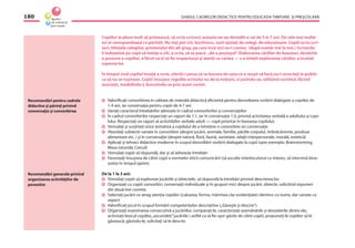 GHIDUL CADRELOR DIDACTICE PENTRU EDUCAŢIA TIMPURIE ŞI PREŞCOLARĂ180
Recomandări pentru cadrele
didactice şi părinţi privind
conversaţia şi convorbirea
Recomandări generale privind
organizarea activităţilor de
povestire
Copiilor le place mult să primească, să scrie scrisori; aceasta ne-au dovedit-o cei de 5-6-7 ani. De cele mai multe
ori ei corespondează cu părinţii. Nu toţi pot citi, buchisesc, sunt ajutaţi de colegi, de educatoare. Copiii scriu scri-
sori, bileţele colegilor, prietenului din alt grup, pe care încă nici nu-l cunosc (după număr trei la trei.) Scrisorile
îi îndeamnă pe copii să înveţe a citi, a scrie, să se joace „de-a poştaşul”. Elaborarea cărţilor de buzunar, devenită
o pasiune a copiilor, a făcut ca ei să ﬁe respectuoşi şi atenţi cu cartea — s-a înteţit explorarea cărţilor, a încetat
ruperea lor.
În timpul cînd copilul învaţă a scrie, oferiţi-i şansa să se bucure de ceea ce a reuşit să facă,nu-l corectaţi în public
ca să nu se ruşineze. Copiii însuşesc regulile scrisului nu de la noţiuni, ci jucîndu-se, utilizînd cuvîntul, făcînd
asociaţii, modelîndu-l, bucurîndu-se prin acest cuvînt.
Valoriﬁcaţi convorbirea în calitate de metodă didactică eﬁcientă pentru dezvoltarea vorbirii dialogate a copiilor de
1-4 ani, iar conversaţia pentru copiii de 4-7 ani
Variaţi caracterul întrebărilor adresate în cadrul convorbirilor şi conversaţiilor
În cadrul convorbirilor respectaţi un raport de 1:1, iar în conversaţie 1:3, privind activitatea verbală a adultului şi copi-
lului. Respectaţi un raport al activităţilor verbale adult — copil prioritar în favoarea copilului;
Stimulaţi şi susţineţi orice tentativă a copilului de a întreţine o convorbire ori conversaţie
Abordaţi subiecte variate în convorbire (despre jucării, animale, familie, părţile corpului, îmbrăcăminte, produse
alimentare etc. ) şi în conversaţie (despre natură, ﬂoră, faună, societate, relaţii interpersonale, morală, estetică)
Aplicaţi şi tehnici didactice moderne în scopul dezvoltării vorbirii dialogate la copii (spre exemplu: Brainstorming,
Masa rotundă, Cercul)
Stimulaţi copiii să răspundă, dar şi să adreseze întrebări
Favorizaţi însuşirea de către copii a normelor eticii comunicării (să asculte interlocutorul cu interes, să intervină bine-
voitor în timpul optim)
De la 1 la 3 ani:
Stimulaţi copiii să exploreze jucăriile şi obiectele, să răspundă la întrebări privind descrierea lor.
Organizaţi cu copiii convorbiri, conversaţii individuale şi în grupuri mici despre jucării, obiecte, solicitînd expuneri
din două-trei cuvinte.
Selectaţi jucării ce atrag atenţia copiilor (culoarea, forma, mărimea clar evidenţiate) identice ca nume, dar variate ca
aspect.
Valoriﬁcaţi jocul în scopul formării competenţelor descriptive („Găseşte şi descrie”).
Organizaţi examinarea consecutivă a jucăriilor, comparaţi-le, caracterizaţi asemănările şi deosebirile dintre ele,
activizaţi lexicul copiilor,„ascundeţi”jucăriile ( astfel ca să ﬁe uşor găsite de către copii), propuneţi-le copiilor să le
găsească; găsindu-le, solicitaţi să le descrie.
 