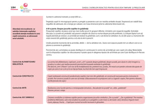 GHIDUL CADRELOR DIDACTICE PENTRU EDUCAŢIA TIMPURIE ŞI PREŞCOLARĂ184
Abordaţi microsubiecte ce
satisfac interesele copilului,
acordînd atenţie modului în care
copiii comunică, se adresează
unul celuilalt.
Sunteţi în cabinetul metodic şi cereţi DEX-ul.....
Împărţiţi copiii în microgrupuri pentru a pregăti şi prezenta cum vor rezolva ambele situaţii. Împreună vor stabili lista
regulilor de adresare, de a merge pe culoare, vor trasa itinerarul pînă la cabinetul directoarei etc.
A III-a parte. Despre jocurile copiilor în grădiniţă
Propuneţi copiilor să joace unul sau mai multe jocuri în grupuri diferite. Urmăriţi cum respectă regulile. Extindeţi
discuţia: La şcoală voi, probabil, veţi povesti colegilor de clasă nu numai despre jocurile preferate, ci şi despre faptul cum aţi
îngrijit plantele pe straturi, ce activităţi aţi realizat la grădiniţă, cum v-aţi distrat la sărbători. Eu vă ofer poze cu momente din
viaţa voastră din grădiniţă, pentru a vă uita la ele în perechi.
Unele prezintă momente de la activităţi, altele — de la sărbători etc. Seara vom expune pozele într-un album care se va
păstra ca amintire în grădiniţă.
Pornind de aici, activitatea se poate desfăşura în continuare în centre de activităţi pe care copiii şi le aleg. Materialele
sunt la dispoziţia copiilor. Iar educatoarea îi poate ajuta în alegerea tipului de activitate pe care-l pot desfăşura în ﬁecare
centru.
La centrul de alfabetizare, copiii pot „scrie”, „citi” o poezie despre grădiniţă, despre şcoală, pot căuta în cărţi imagini cu
şcoala şi cu elevi, pot realiza povestiri pornind de la pozele realizate în grădiniţă.
Pot descrie „într-o ﬂoare” cum vor să ﬁe învăţătoarea lor, prietenii noi, şcoala...Pe masă sunt petale colorate decupate de
copii, pe care ei vor scrie şi le vor lipi pe foaie, lucrînd cîte trei copii împreună.
Copiii realizează construcţii predestinate copiilor mai mici din grădiniţă, ori construcţii necesare pentru instruirea în
şcoală. Pot construi şcoala în care vor să înveţe. (Educatoarea le va propune cutii cu sugestii: copaci, ﬂori pentru răzoare...
confecţionate de copii.)
Realizarea unor lucrări pentru o miniexpoziţie tematică ,, Noi plecăm la şcoală’’ ori ,,Adio , grădiniţă’’.
Desene, picturi, colaje.
Crearea condiţiilor şi iniţierea copiilor pentru organizarea jocurilor simbolice ,,De-a şcoala’’ , ,,De-a grădiniţa’’. Pot rezolva
problema Mărioarei, care vrea să plece la şcoală şi şi-a pregătit o cutie mare cu de toate: cărţi, birotică, lingură mare-
mare, păpuşa, fructe, ... Copiii pun numai lucrurile necesare în ghiozdan.
Centrul de ALFABETIZARE/
BIBLIOTECĂ
Centrul de CONSTRUCŢII
Centrul de ARTĂ
Centrul de JOC SIMBOLIC
 