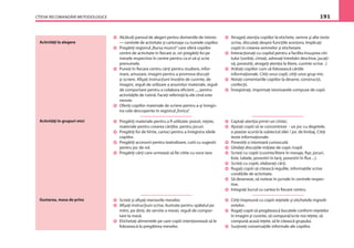 CÎTEVA RECOMANDĂRI METODOLOGICE 191
Activităţi la alegere
Activităţi în grupuri mici
Gustarea, masa de prînz
Alcătuiţi panoul de alegeri pentru domeniile de interes
— centrele de activitate şi cartonaşe cu numele copiilor.
Pregătiţi registrul„Bursa muncii”care oferă copiilor
centre de activitate în ﬁecare zi, ori pregătiţi foi pe
mesele respective în centre pentru ca ei să-şi scrie
prenumele.
Puneţi în ﬁecare centru cărţi pentru studiere, infor-
mare, amuzare, imagini pentru a promova discuţii
şi scriere. Aﬁşaţi instrucţiuni însoţite de cuvinte, de
imagini, reguli de utilizare a anumitor materiale, reguli
de comportare pentru a colabora eﬁcient ..., pentru
activităţile de rutină. Faceţi referinţă la ele cînd este
nevoie.
Oferiţi copiilor materiale de scriere pentru a-şi înregis-
tra cele descoperite în registrul„Evrica”.
Pregătiţi materiale pentru a ﬁ utilizate: poezii, reţete,
materiale pentru crearea cărţilor, pentru jocuri.
Pregătiţi foi de hîrtie, carioci pentru a înregistra ideile
copiilor.
Pregătiţi accesorii pentru teatralizare, cutii cu sugestii
pentru joc de rol.
Pregătiţi cărţi care urmează să ﬁe citite cu voce tare.
Scrieţi şi aﬁşaţi meniurile meselor.
Aﬁşaţi instrucţiuni scrise, ilustrate pentru spălatul pe
mîini, pe dinţi, de servire a mesei, reguli de compor-
tare la masă.
Etichetaţi alimentele pe care copiii intenţionează să le
folosească la pregătirea meselor.
Atrageţi atenţia copiilor la etichete, semne şi alte texte
scrise, discutaţi despre funcţiile acestora. Implicaţi
copiii în crearea semnelor şi etichetare.
Interacţionaţi cu copilul pentru a facilita însuşirea citi-
tului (vorbiţi, cîntaţi, adresaţi întrebări deschise, jucaţi-
vă, povestiţi, atrageţi atenţia la litere, cuvinte scrise ..)
Arătaţi copiilor cum să folosească cărţile
informaţionale. Citiţi unui copil, citiţi unui grup mic.
Notaţi comentariile copiilor la desene, construcţii,
confecţii.
Înregistraţi, imprimaţi istorioarele compuse de copii.
Captaţi atenţia printr-un cîntec.
Ajutaţi copiii să se concentreze - un joc cu degetele,
o poezie scurtă la subiectul zilei / joc de limbaj. Citiţi
texte informaţionale.
Povestiţi o istorioară cunoscută.
Ghidaţi discuţiile iniţiate de copii /copil.
Scrieţi cu copiii (cuvinte/litere în mesaje, ﬁşe, jocuri,
liste, tabele, povestiri în lanţ, povestiri în ﬂux ...).
Scrieţi cu copiii, elaboraţi cărţi.
Rugaţi copiii să citească regulile, informaţiile scrise
condiţiile de activitate;
Să deseneze, să noteze în jurnale în centrele respec-
tive.
Integraţi lucrul cu cartea în ﬁecare centru.
Citiţi împreună cu copiii reţetele şi etichetele ingredi-
entelor.
Rugaţi copiii să pregătească bucatele conform reţetelor
în imagini şi cuvinte, să compună/scrie noi reţete, să
compună acasă reţete, să le citească grupului.
Susţineţi conversaţiile informale ale copiilor.
 