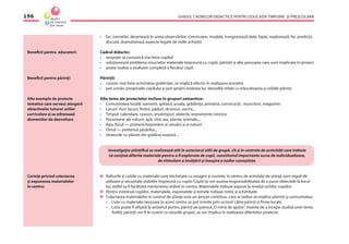 GHIDUL CADRELOR DIDACTICE PENTRU EDUCAŢIA TIMPURIE ŞI PREŞCOLARĂ196
• fac: cercetări, desenează în urma observărilor, construiesc modele, înregistrează date, fapte, explorează, fac predicţii,
discută, dramatizează aspecte legate de noile achiziţii
Cadrul didactic:
• reuşeşte să cunoască mai bine copilul
• soluţionează problema resurselor materiale împreună cu copiii, părinţii şi alte persoane care sunt implicate în proiect
• poate realiza o evaluare completă a ﬁecărui copil.
Părinţii:
• cunosc mai bine activitatea grădiniţei, se implică efectiv în realizarea acesteia
• pot urmări progresele copilului şi pot sprijini evoluţia lui, dezvoltă relaţii cu educatoarea şi ceilalţi părinţi
Alte teme ale proiectelor incluse în grupuri semantice:
• Comunitatea locală: oamenii, spitalul, şcoala, grădiniţa, primăria, construcţii, muncitori, magazine.
• Locuri: rîuri, lacuri, fîntîni, păduri, drumuri, vecini,...
• Timpul: calendare, ceasuri, anotimpuri, obiecte, evenimente istorice.
• Fenomene ale naturii: apă, vînt, aer, plante, animale,...
• Apa, focul — prieteni/neprieteni ai omului şi ai naturii
• Omul — prietenul păsărilor...
• Straturile cu plante din grădina noastră...
Investigaţia ştiinţiﬁcă se realizează atît în exteriorul sălii de grupă, cît şi în centrele de activităţi care trebuie
să conţină diferite materiale pentru a ﬁ explorate de copii, constituind importante surse de individualizare,
de stimulare a învăţării şi însuşire a noilor cunoştinţe.
Rafturile şi cutiile cu materiale sunt etichetate cu imagini şi cuvinte, în centru de activităţi de ştiinţă sunt reguli de
utilizare şi securitate stabilite împreună cu copiii. Copiii îşi vor asuma responsabilitatea de a pune obiectele la locul
lor, astfel va ﬁ facilitată menţinerea ordinii în centru. Materialele trebuie expuse la nivelul ochilor copiilor.
Pentru interesul copiilor, materialele, exponatele şi temele trebuie rotite şi schimbate.
Colectarea materialelor în centrul de ştiinţe este un proces continuu, care ar trebui să implice părinţii şi comunitatea:
• Liste cu materiale necesare în acest centru se pot trimite prin scrisori către părinţi şi ﬁrme locale.
• Lista poate ﬁ aﬁşată la avizierul pentru părinţi pe panoul„O mînă de ajutor”, înainte de a începe studiul unei teme.
Astfel, părinţii vor ﬁ la curent cu nevoile grupei, se vor implica în realizarea diferitelor proiecte.
Beneﬁcii pentru educatori:
Beneﬁcii pentru părinţi:
Alte exemple de proiecte
tematice care servesc atingerii
obiectivelor tuturor ariilor
curriculare şi se adresează
domeniilor de dezvoltare
Cerinţe privind colectarea
şi expunerea materialelor
în centru:
 