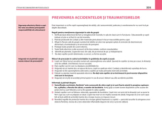 CÎTEVA RECOMANDĂRI METODOLOGICE 231
PREVENIREA ACCIDENTELOR ŞI TRAUMATISMELOR
Este important ca să ﬁe copiii supravegheaţi de adulţi, căci autocontrolul, judecata şi coordonarea lor nu sunt încă pe
deplin dezvoltate.
Reguli pentru menţinerea siguranţei în sala de grupă:
1. Veriﬁcaţi dacă detectorul de fum şi stingătorul de incendiu în sala de clasă sunt în funcţiune. Educatoarele şi copiii
trebuie să ştie ce să facă în caz de incendiu.
2. Păstraţi produsele de curăţat şi alte materiale periculoase în locuri inaccesibile pentru copii.
3. Aﬁşaţi în ﬁecare sală de grupă numărul de telefon al celui mai apropiat spital, al centrului de dezintoxicare
alimentară, al ambulanţei şi al serviciului de pompieri.
4. Protejaţi toate prizele de curent electric.
5. Toate ﬁrele electrice şi alte accesorii să ﬁe bine izolate, conform standardelor.
6. Identiﬁcaţi plantele, ciupercile toxic din sală, de pe terenul de joc şi îndepărtaţi-le.
7. Nu daţi copiilor jucării deteriorate, cu arcuri, cu forme ascuţite.
Măsuri de precauţie în cadrul activităţilor în grădiniţa de copiii şi acasă:
Copiii vor folosi lucruri ascuţite numai sub supravegherea unui adult. Spuneţi-le copiilor să stea pe scaun, la distanţă
unul de celălalt, cînd folosesc lucruri ascuţite.
Daţi copiilor sarcini care nu depăşesc posibilităţile lor.
Asiguraţi-vă că, înainte de a se apuca de lucru, copiii se spală pe mîini. Curăţaţi şi dezinfectaţi suprafaţa de lucru.
Asiguraţi-vă de supravegherea adecvată a copiilor pe toata perioada rezervată activităţii.
Folosiţi cu atenţie maximă aparatele electrice. Nu daţi voie copiilor să se învîrtească în jurul acestor dispozitive
cînd sunt în funcţiune.
Asiguraţi-vă că ştiţi să acordaţi primul ajutor în caz de arsuri, tăieturi sau alte accidente posibile.
Informaţi şi părinţii despre:
Semniﬁcaţia cuvîntului„ﬁerbinte”este cunoscută de către copii şi ei sunt foarte atenţi în preajma cuptoare-
lor, a plitelor, a ﬁerului de călcat, a vaselor de bucătărie. Aveţi grijă ca toate aceste dispozitive să ﬁe scoase din
priză cînd nu sunt folosite şi să nu ﬁe aşezate în calea copiilor.
Arătaţi copiilor cum se folosesc obiectele, aparatele de bucătărie. Copiii mici vor privi de la distanţă cum se pune la
ﬁert supa sau cum se prăjeşte un aluat. Copiii mai mari se vor implica asistaţi de adulţi. Asiguraţi-vă că ei sunt capa-
bili să facă astfel de activităţi înainte de a începe munca ce impune riscuri.
Revedeţi regulile de protecţie înainte de a începe gătitul împreună cu copilul — pericolul arsurilor la atingerea unor
obiecte ﬁerbinţi, nevoia de a ţine obiectele inﬂamabile departe de orice sursă de căldură.
Siguranţa afectivă şi ﬁzică a copi-
ilor este una dintre principalele
responsabilităţi ale educatoarei
Asiguraţi-vă că părinţii cunosc
aceste măsuri de precauţie!!!
 