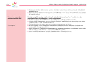 GHIDUL CADRELOR DIDACTICE PENTRU EDUCAŢIA TIMPURIE ŞI PREŞCOLARĂ232
Atenţionaţi-i că trebuie să deconecteze aparatura electrică, să nu lase mînerul oalelor sau mănuşile de bucătărie în
apropierea ﬂăcării.
Obişnuiţi-i pe copii să folosească mănuşi pentru lucrurile ﬁerbinţi, să pună vasul cu mîncare ﬁerbinte pe o suprafaţă
de ceramică, de lemn.
Discutaţi cu copiii despre siguranţa lor atît în sala de clasă, cît şi în curte. Acest lucru îi va determina să se
gîndească la propria lor sănătate şi să-şi asume responsabilităţi.
Gurile de canal, cablurile de înaltă tensiune etc. sunt departe sau, cel puţin, sunt bine acoperite.
Există un robinet cu apă potabilă, dacă nu — ajutorul de educator vă aduce apă şi căni pentru ﬁecare copil (dă apă
copiilor, ia vesela şi o spală, dacă trebuie, aduce iar).
Aveţi la îndemînă o trusă de prim ajutor pentru a trata eventuale zgîrieturi sau tăieturi.
Nu participaţi activ la joacă; mai degrabă observaţi totul cu atenţie şi comunicaţi doar verbal cu copiii (ﬁe că îi
atenţionaţi, ﬁe că le sugeraţi unele idei...)
Numiţi un adult care să ﬁe prezent în zona activă a locului de joacă (acolo unde sunt scări, tobogane, leagăne, mate-
riale de construit, lucrul cu lemnul — aceste centre vor ﬁ deschise pe rînd).
Numiţi un adult să supravegheze centru de nisip şi apa, zona cu triciclete, trotinete etc.
Unele măsuri de protecţie în
cadrul activităţilor pe teren
Supravegherea
 