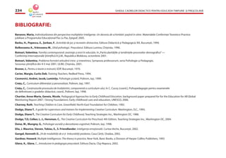 GHIDUL CADRELOR DIDACTICE PENTRU EDUCAŢIA TIMPURIE ŞI PREŞCOLARĂ234
BIBLIOGRAFIE:
Baranov, Maria, Individualizarea din perspectiva multiplelor inteligenţe. Un deceniu de schimbări: paşînd in viitor. Materialele Conferinţei Teoretico-Practice
jubiliare a Programului Educaţional Pas cu Pas, Epigraf, 2005.
Barbu, H., Popescu, E., Şerban, F. .Activităţi de joc şi recreativ-distractive, Editura Didactică şi Pedagogică, RA, Bucureşti, 1994.
Bolboceanu A., Vrânceanu M., Ghid psihologic. Preşcolarul. Editura Lumina, Chişinău, 1996.
Botnari, Valentina, Familia contemporană: avantaje şi erori în educaţie, în„Particularităţile şi tendinţele proceselor demograﬁce”—
Conferinţa Internaţională Ştiinţiﬁcă A.Ş.M., Republica Moldova, octombrie 2001.
Botnari, Valentina, Problema formării atitudinii intra- şi interetnice, Symposia professorum, seria Psihologie şi Pedagogie,
Sesiunea ştiinţiﬁcă din 4-5 mai 2001, ULIM, Chişinău, 2001.
Bruner, J., Pentru o teorie a instruirii, EDP, Bucureşti, 1970.
Carter, Margie, Curtis Deb, Training Teachers, Redleaf Press, 1994.
Cosmovici, Andrei, Iacob, Luminiţa, Psihologie şcolară, Polirom, Iaşi, 1999.
Creţu, C., Curriculum diferenţiat şi personalizat, Polirom, Iaşi, 1997.
Creţu, C., Conţinuturile procesului de învăţămînt, componentă a curriculum-ului, în C. Cucoş (coord.), Psihopedagogie pentru examenele
de deﬁnitivare a gradelor didactice, coord., Polirom, Iaşi, 1998.
Chartier, Anne-Marie, Geneix, Nicole, Pedagogical Approaches to Early Childhood Education, background paper prepared for for the Education for All Global
Monitoring Report 2007 / Strong Foundations: Early childhood care and education, UNESCO, 2006.
Charney, Ruth, Teaching Children to Care, Greenﬁeld: North-East Foundation for Children, 1992.
Dodge, Diane T.. A guide for supervisors and trainers for Implementing Creative Curriculum. Washington, D.C., 1993.
Dodge, Diane T., The Creative Curriculum for Early Childhood, Teaching Strategies Inc., Washington DC, 1988.
Dodge, T.D, Colker, L. J., Heroman, C., The Creative Curriculum for Preschool, 4th Edition, Teaching Strategies Inc., Washington DC, 2004.
Doise, W., Mungny, G., Psihologie socială şi dezvoltarea cognitivă, Polirom, Iaşi, 1998.
Elia, J. Maurice, Steven, Tobias, E., S. Friendlander, Inteligenţa emoţională. Curtea Veche, Bucureşti, 2002.
Gangel, Kenneth O., 24 de modalităţi de a-ţi îmbunătăţi predarea, Casa Cărţii, Oradea, 2002.
Gardner, Howard, Multiple Intelligences: The theory in practice, New-York, Basic Books, a Division of Harper Collins Publishers, 1993
Glava, A., Glava, C., Introducere în pedagogia preşcolară, Editura Dacia, Cluj-Napoca, 2002.
 