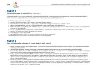 GHIDUL CADRELOR DIDACTICE PENTRU EDUCAŢIA TIMPURIE ŞI PREŞCOLARĂ238
ANEXA 1
Discuţie informală cu părinţii (după A. Vengher).
Convorbirea trebuie să ﬁe cît mai conﬁdenţială, iar întrebările trebuie memorizate. Însemnările/înregistrările trebuie făcute după plecarea părinţilor. Dacă nu e
posibil de a conversa cu părinţii în detalii, vă puteţi reduce la un chestionar, pe care aceştia îl îndeplinesc în scris.
1) Copilul merge cu plăcere la grădiniţă?
2) Care este componenţa familiei? Cine se ocupă, în general, de educaţia copilului?
3) Care metode de educaţie, de stimulare şi de pedeapsă sunt aplicate în familie şi cum reacţionează copilul la acestea?
4) Care jocuri preferă copilul: de masă sau active, individuale sau de grup, cu participarea altor copii (maturi)?
5) Cît de independent este copilul, poate să se distreze singur sau cere încontinuu atenţia părinţilor? Care sunt obligaţiunile lui în casă? Ce sarcini îndeplineşte
sistematic, ce sarcini episodic?
6) Are sau nu copilul prieteni, primeşte oaspeţi, manifestă iniţiativă în comunicare sau aşteaptă iniţiativa altora, se eschivează de la conversaţii?
7) Îl primesc alţi copii în joc cu plăcere sau deseori sunt conﬂicte?
8) Se plimbă copilul de unul singur afară?
9) Cum copilul se comportă cu membrii familiei, contactează uşor cu maturii necunoscuţi?
10) Povestiţi despre copil tot ceea ce consideraţi important şi caracteristic pentru el.
ANEXA 2
Date privind copilul colectate de cadrul didactic de la părinţi
1) Date de anchetă ale copilului, date despre familia lui. Schimbările în componenţa familiei din momentul naşterii copilului. Date generale despre condiţiile
de trai, materiale ale familiei.
2) Particularităţile perioadelor prenatale şi postnatale în dezvoltarea copilului. Prezenţa factorilor de risc pentru sănătatea mamei şi a copilului.
3) Starea sănătăţii copilului la momentul cercetării, bolile, infracţiunile şi operaţiile suferite. Cazurile de internare în spital. Dacă copilul se aﬂă la evidenţă la psi-
honeurolog. Particularităţile somnului şi a alimentaţiei copilului din momentul naşterii.
4) Unde şi de către cine a fost educat copilul din momentul naşterii. Cine l-a îngrijit în primii doi ani de viaţă. Instituţionalizarea copilului în creşă, grădiniţă
pentru copii (termenii, timpul instituţiei). Cum copilul s-a adaptat la condiţiile instituţiei, cum a stabilit relaţiile cu copiii, dacă au fost plîngeri din partea
educatorului. Dacă au fost schimbări considerabile în condiţiile de viaţă ale copilului (schimbarea locului de trai), despărţirile frecvente şi îndelungate cu
părinţii. Reacţiile copilului la ele.
5) Dezvoltarea copilului în primii trei ani. Particularităţile dezvoltării motricităţii. Apariţia reacţiilor sensomotorii de bază (termenii): cînd copilul a început să
stea, să meargă, să şadă... Tonusul emoţional general. Dezvoltarea limbajului. Activism în însuşirea mediului, curiozitatea. Atitudinea către adulţii apropiaţi şi
necunoscuţi. Însuşirea acţiunilor cu obiecte, termenii formării deprinderilor de autoservire. Manifestarea independenţie şi insistenţie. Probleme şi devieri în
comportamentul copilului. Jocurile şi ocupaţiile preferate.
 