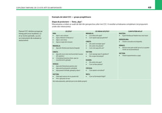 COPILĂRIA TIMPURIE: DE CE ESTE ATÎT DE IMPORTANTĂ? 49
Exemplu de tabel CCC — grupa pregătitoare
Etapa de proiectare — Tema „Apa“.
Educatoarea a iniţiat un asalt de idei din perspectiva celor trei CCC. A rezultat următoarea completare (vă propunem
unele idei interesante):
Panoul CCC rămîne acroşat pe
întreg parcursul studiului. La
el se revine periodic, ca şi la
un instrument de evaluare şi
autocontrol.
 