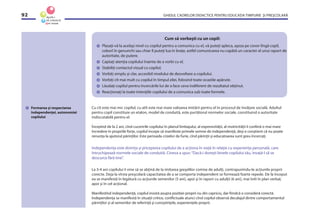 GHIDUL CADRELOR DIDACTICE PENTRU EDUCAŢIA TIMPURIE ŞI PREŞCOLARĂ92
Cu cît este mai mic copilul, cu atît este mai mare valoarea imitării pentru el în procesul de învăţare socială. Adultul
pentru copil constituie un etalon, model de conduită, este purtătorul normelor sociale, constituind o autoritate
indiscutabilă pentru el.
Începînd de la 2 ani, cînd cuceririle copilului în planul limbajului, al expresivităţii, al motricităţii îi conferă o mai mare
încredere în propriile forţe, copilul începe să manifeste primele semne de independenţă, deşi e conştient că nu poate
renunţa la ajutorul părinţilor. Este perioada crizelor de furie, cînd părinţii şi educatoarea sunt greu încercaţi.
Independenţa este dorinţa şi priceperea copilului de a acţiona în viaţă în relaţie cu experienţa personală, care
întruchipează normele sociale de conduită. Cineva a spus:“Dacă-i doreşti binele copilului tău, învaţă-l să se
descurce fără tine”.
La 3-4 ani copilului îi vine să se abţină de la imitarea greşelilor comise de adulţi, contrapunîndu-le acţiunile proprii
corecte. Deja la vîrsta preşcolară capacitatea de a se comporta independent se formează foarte repede. De la început
ea se manifestă în legătură cu acţiunile semenilor (5 ani), apoi şi în raport cu adulţii (6 ani), mai întîi în plan verbal,
apoi şi în cel acţional.
Manifestînd independenţă, copilul insistă asupra poziţiei proprii nu din capriciu, dar ﬁindcă o consideră corectă.
Independenţa se manifestă în situaţii critice, conﬂictuale atunci cînd copilul observă decalajul dintre comportamentul
părinţilor şi al semenilor de referinţă şi cunoştinţele, experienţele proprii.
Formarea şi respectarea
independenţei, autonomiei
copilului
Cum să vorbeşti cu un copil:
Plasaţi-vă la acelaşi nivel cu copilul pentru a comunica cu el, vă puteţi apleca, aşeza pe covor lîngă copil,
coborî în genunchi sau chiar îl puteţi lua în braţe, astfel comunicarea nu capătă un caracter al unui raport de
autoritate, de putere.
Captaţi atenţia copilului înainte de a vorbi cu el.
Stabiliţi contactul vizual cu copilul.
Vorbiţi simplu şi clar, accesibil nivelului de dezvoltare a copilului.
Vorbiţi cît mai mult cu copilul în timpul zilei, folosind toate ocaziile apărute.
Lăudaţi copilul pentru încercările lui de a face ceva indiferent de rezultatul obţinut.
Reacţionaţi la toate intenţiile copilului de a comunica sub toate formele.
 