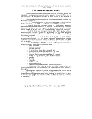 Noţiuni de contabilitate primară, Managementul afacerilor, Marketing şi dezvoltarea afacerilor
– noţiuni de bază

I. NOŢIUNI DE CONTABILITATE PRIMARĂ
Organizarea contabilităţii patrimoniale constituie o obligaţie stabilită prin
lege pentru toate persoanele juridice, precum şi pentru persoanele fizice care au
fost autorizate să desfăşoare activităţi pe cont propriu şi au calitatea de
comerciant.
Baza legală privind organizarea şi conducerea evidenţei contabile este
formată în principal din:
Legea contabilităţii nr. 82/1991, republicată în Monitorul Oficial,
Partea I nr. 48 din 14.01.2005, cu modificările şi completările ulterioare;
- Ordinul Ministrului Finanţelor Publice 94 / 2001 pentru aprobarea
Reglementărilor contabile armonizate cu Directiva a IV-a Comunităţii Economice
Europene şi cu Standardele Internaţionale de Contabilitate, publicat în Monitorul
Oficial, Partea I nr. 85 din 20.02.2001, cu modificările şi completările ulterioare;
- Ordinul Ministrului Finanţelor Publice 306 / 2002 pentru aplicarea
Reglementărilor contabile simplificate, armonizate cu directivele europene,
publicat in Monitorul Oficial, Partea I nr. 279 din 25.04.2002, cu modificările şi
completările ulterioare.
Începând cu data de 01.01.2006, OMFP 94/2001 şi OMFP 306/2002
se abrogă prin Ordinul 1752/2005 pentru aprobarea reglementărilor contabile
conforme cu directivele europene, publicat in Monitorul Oficial, Partea I nr. 1085
din 30.11.2005.
Legea Contabilităţii nr. 82/1991 enumeră unităţile patrimoniale obligate
să-şi organizeze şi să conducă contabilitatea, astfel :
o
Regii autonome
o
Societăţi comerciale
o
Societăţi agricole
o
Organizaţii ale cooperaţiei meşteşugăreşti
o
Organizaţii ale cooperaţiei de consum şi de credit
o
Banca Naţională a României şi organizaţiile bancare
o
Instituţii publice de subordonare centrală şi locală
o
Unităţi de asigurări sociale, altele decît cele de stat
o
Asociaţii
o
Fundaţii
o
Sindicate
o
Unităţi de cult
o
Organizaţii obşteşti
o
Alte persoane care au dobândit personalitate juridică
o
Persoanele fizice care prestează activităţi independente, care
exercită în mod obişnuit acte de comerţ şi sunt înmatriculate la Oficiul Registrului
Comerţului.
Obligaţia de a organiza şi conduce contabilitatea revine, potrivit legii, şi
subunităţilor fără personalitate juridică cu sediul în străinătate, care aparţin de
persoane juridice, cu sediul sau domiciliul în România, cît şi subunităţilor cu sediul
în România care aparţin unor persoane juridice sau fizice cu sediul sau domiciliul
în străinătate.

3
Agenţia Naţională pentru Întreprinderi Mici şi Mijlocii şi Cooperaţie - ANIMMC

 
