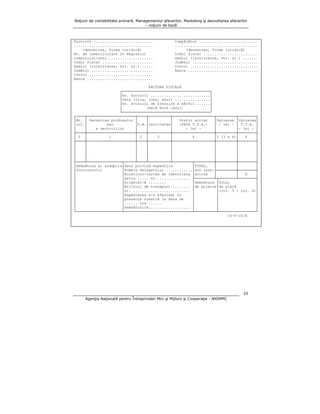 Noţiuni de contabilitate primară, Managementul afacerilor, Marketing şi dezvoltarea afacerilor
– noţiuni de bază

Furnizor ...........................
....................................
(denumirea, forma juridică)
Nr. de înmatriculare în Registrul
comerţului/anul ....................
Codul fiscal .......................
Sediul (localitatea, str. nr.) .....
Judeţul ............................
Contul .............................
Banca ..............................

Cumpărător ...........................
......................................
(denumirea, forma juridică)
Codul fiscal .........................
Sediul (localitatea, str. nr.) .......
Judeţul ..............................
Contul ...............................
Banca ................................

FACTURA FISCALĂ
┌────────────────────────────────────────┐
│Nr. facturii ...........................│
│Data (ziua, luna, anul) ................│
│Nr. avizului de însoţire a mărfii ......│
│
(dacă este cazul)
│
└────────────────────────────────────────┘
┌────┬──────────────────────┬────┬──────────┬───────────────────┬─────────┬────────┐
│Nr. │ Denumirea produselor │
│
│
Preţul unitar
│Valoarea │Valoarea│
│crt.│
sau
│U.M.│Cantitatea│
(fără T.V.A.)
│ - lei - │ T.V.A. │
│
│
a serviciilor
│
│
│
- lei │
│- lei - │
├────┼──────────────────────┼────┼──────────┼───────────────────┼─────────┼────────┤
│ 0 │
1
│ 2 │
3
│
4
│5 (3 x 4)│
6
│
├────┼──────────────────────┼────┼──────────┼───────────────────┼─────────┼────────┤
│
│
│
│
│
│
│
│
│
│
│
│
│
│
│
│
│
│
│
│
│
│
│
│
│
│
│
│
│
│
│
│
├────┴────────────────┬─────┴────┴──────────┴─────────┬─────────┼─────────┼────────┤
│Semnătura şi ştampila│Date privind expediţia
│TOTAL,
│
│
│
│furnizorului
│Numele delegatului ............│din care:├─────────┼────────┤
│
│Buletinul/cartea de identitate │accize
│
│
X
│
│
│seria ..... nr. .............. ├─────────┴┬────────┴────────┤
│
│eliberat/ă ........
│Semnătura │Total
│
│
│Mijlocul de transport ........ │de primire│de plată
│
│
│nr. .......................... │
│(col. 5 + col. 6)│
│
│Expedierea s-a efectuat în
│
│
│
│
│prezenţa noastră la data de
│
│
│
│
│...... ora ......
│
│
│
│
│Semnăturile................... │
│
│
└─────────────────────┴───────────────────────────────┴──────────┴─────────────────┘
14-4-10/A

33
Agenţia Naţională pentru Întreprinderi Mici şi Mijlocii şi Cooperaţie - ANIMMC

 