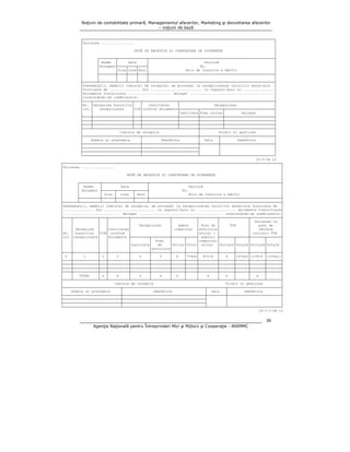 Noţiuni de contabilitate primară, Managementul afacerilor, Marketing şi dezvoltarea afacerilor
– noţiuni de bază
┌─────────────────────────────────────────────────────────────────────────────────────────────┐
│Unitatea ................
│
│
│
│
NOTĂ DE RECEPŢIE ŞI CONSTATARE DE DIFERENŢE
│
│
│
│
┌────────┬──────────────┬─────────────────────────────────────────────────────────────┤
│
│ Număr │
Data
│
Factură
│
│
│document├────┬────┬────┤
Nr.
│
│
│
│Ziua│Luna│Anul│
Aviz de însoţire a mărfii
│
│
├────────┼────┼────┼────┼─────────────────────────────────────────────────────────────┤
│
│
│
│
│
│
│
├───────┴────────┴────┴────┴────┴─────────────────────────────────────────────────────────────┤
│Subsemnaţii, membrii comisiei de recepţie, am procedat la recepţionarea valorilor materiale │
│furnizate de ............... din ......................... cu vagonul/auto nr. ..............│
│documente însoţitoare ..................... delegat .........................................│
│constatându-se următoarele:
│
├────┬───────────────────┬───┬─────────────────┬──────────────────────────────────────────────┤
│Nr. │Denumirea bunurilor│
│
Cantitatea
│
Recepţionat
│
│crt.│
recepţionate
│U/M│conform documente├─────────┬───────────┬────────────────────────┤
│
│
│
│
│Cantitate│Preţ unitar│
Valoare
│
├────┼───────────────────┼───┼─────────────────┼─────────┼───────────┼────────────────────────┤
├────┼───────────────────┼───┼─────────────────┼─────────┼───────────┼────────────────────────┤
├────┼───────────────────┼───┼─────────────────┼─────────┼───────────┼────────────────────────┤
├────┴───────────────────┴───┴─────────────────┴─────────┼───────────┴────────────────────────┤
│
Comisia de recepţie
│
Primit în gestiune
│
├────────────────────────────┬───────────────────────────┼─────────┬──────────────────────────┤
│
Numele şi prenumele
│
Semnătura
│ Data
│
Semnătura
│
├────────────────────────────┼───────────────────────────┼─────────┼──────────────────────────┤
├────────────────────────────┼───────────────────────────┤
│
│
├────────────────────────────┼───────────────────────────┤
│
│
└────────────────────────────┴───────────────────────────┴─────────┴──────────────────────────┘
14-3-1A t2
┌──────────────────────────────────────────────────────────────────────────────────────────────────────────┐
│Unitatea ................
│
│
│
│
NOTĂ DE RECEPŢIE ŞI CONSTATARE DE DIFERENŢE
│
│
│
│
┌──────────┬──────────────────────┬────────────────────────────────────────────────────────────────┤
│
│ Număr
│
Data
│
Factură
│
│
│ document ├──────┬────────┬──────┤
Nr.
│
│
│
│ Ziua │ Luna │ Anul │
Aviz de însoţire a mărfii
│
│
├──────────┼──────┼────────┼──────┼────────────────────────────────────────────────────────────────┤
├───────┴──────────┴──────┴────────┴──────┴────────────────────────────────────────────────────────────────┤
│Subsemnaţii, membrii comisiei de recepţie, am procedat la recepţionarea valorilor materiale furnizate de │
│............... din ......................... cu vagonul/auto nr. .................. documente însoţitoare│
│............................ delegat ......................................... constatându-se următoarele:│
├────┬────────────┬───┬──────────┬───────────────────┬────────────┬─────────┬──────────────┬───────────────┤
│
│
│
│
│
│
│
│
│ Valoarea la │
│
│
│
│
│
Recepţionat
│
Adaos
│ Preţ de │
TVA
│
preţ de
│
│
│ Denumirea │
│Cantitatea│
│ comercial │achiziţie│
│
vânzare
│
│Nr. │ bunurilor │U/M│ conform │
│
│unitar + │
│ inclusiv TVA │
│crt.│recepţionate│
│documente ├─────────┬─────────┼──────┬─────┤ adaosul ├───────┬──────┼───────┬───────┤
│
│
│
│
│
│ Preţ
│
│
│comercial│
│
│
│
│
│
│
│
│
│Cantitate│
de
│Unitar│Total│ unitar │Unitară│Totală│Unitară│Totală │
│
│
│
│
│
│achiziţie│
│
│
│
│
│
│
│
├────┼────────────┼───┼──────────┼─────────┼─────────┼──────┼─────┼─────────┼───────┼──────┼───────┼───────┤
│ 0 │
1
│ 2 │
3
│
4
│
5
│ 6
│7=4x6│ 8=5+6 │
9
│10=4x9│11=8+9 │12=4x11│
├────┼────────────┼───┼──────────┼─────────┼─────────┼──────┼─────┼─────────┼───────┼──────┼───────┼───────┤
├────┼────────────┼───┼──────────┼─────────┼─────────┼──────┼─────┼─────────┼───────┼──────┼───────┼───────┤
├────┼────────────┼───┼──────────┼─────────┼─────────┼──────┼─────┼─────────┼───────┼──────┼───────┼───────┤
├────┼────────────┼───┼──────────┼─────────┼─────────┼──────┼─────┼─────────┼───────┼──────┼───────┼───────┤
│
│
TOTAL
│ x │
x
│
x
│
x
│ x
│
│
x
│
x
│
│
x
│
│
├────┴────────────┴───┴──────────┴─────────┴─────────┴──────┴─────┴─────────┴───────┴──────┴───────┴───────┤
│
Comisia de recepţie
Primit în gestiune
│
├────────────────────────────┬────────────────────────────────────────┬─────────┬──────────────────────────┤
│
Numele şi prenumele
│
Semnătura
│ Data
│
Semnătura
│
├────────────────────────────┼────────────────────────────────────────┼─────────┼──────────────────────────┤
├────────────────────────────┼────────────────────────────────────────┤
│
│
├────────────────────────────┼────────────────────────────────────────┤
│
│
└────────────────────────────┴────────────────────────────────────────┴─────────┴──────────────────────────┘
14-3-1/aA t2

36
Agenţia Naţională pentru Întreprinderi Mici şi Mijlocii şi Cooperaţie - ANIMMC

 