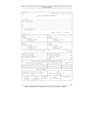 Noţiuni de contabilitate primară, Managementul afacerilor, Marketing şi dezvoltarea afacerilor
– noţiuni de bază

┌──────────────────────────────────────────────────────────────────────────────┐
│Unitatea ........................
Depus decontul (numărul şi data)│
│
................................│
│
ORDIN DE DEPLASARE (DELEGAŢIE)
│
│
Nr. ..............................
│
│
│
│ Dl./D-na. ..................................................................│
│având funcţia de .............................................................│
│este delegat pentru ..........................................................│
│..............................................................................│
│..............................................................................│
│la ...........................................................................│
│..............................................................................│
│..............................................................................│
│ Durata deplasării de la ..................... la ...........................│
│ Se legitimează cu ..........................................................│
│
│
│
Ştampila unităţii şi semnătura
│
│ Data ......................
│
├───────────────────────────────────────┬──────────────────────────────────────┤
│Sosit*) ...............................│Sosit*) ..............................│
│Plecat*) ..............................│Plecat*) .............................│
│Cu (fără) cazare
│Cu (fără) cazare
│
│
Ştampila unităţii
│
Ştampila unităţii
│
│
şi semnătura
│
şi semnătura
│
├───────────────────────────────────────┼──────────────────────────────────────┤
│Sosit*) ...............................│Sosit*) ..............................│
│Plecat*) ..............................│Plecat*) .............................│
│Cu (fără) cazare
│Cu (fără) cazare
│
│
Ştampila unităţii
│
Ştampila unităţii
│
şi semnătura
│
│
şi semnătura
│
└───────────────────────────────────────┴──────────────────────────────────────┘
*) Se va completa ziua, luna, anul şi ora.
14-5-4
t2
(verso)
┌───────────────────────────────────────┬──────────────────────────────────────┐
│Ziua şi ora plecări ...................│Avans spre decontare:
│
│Ziua şi ora sosirii ...................│- Primit la plecare .............. lei│
│Data depunerii decontului .............│- Primit în timpul
│
│Penalizări calculate ..................│ deplasării ..................... lei│
│
│TOTAL ............................ lei│
├───────────────────────────────────────┴──────────────────────────────────────┤
│
CHELTUIELI EFECTUATE CONFORM DOCUMENTELOR ANEXATE
│
├───────────────────────────────────────┬─────────────────────┬────────────────┤
│
Felul actului şi emitentul
│ Nr. şi data actului │
Suma
│
├───────────────────────────────────────┼─────────────────────┼────────────────┤
├───────────────────────────────────────┼─────────────────────┼────────────────┤
├───────────────────────────────────────┼─────────────────────┼────────────────┤
├───────────────────────────────────────┴─────────────────────┼────────────────┤
│
TOTAL CHELTUIELI
│
│
├───────────────────────────────────────┬─────────────────────┴────────────────┤
│Diferenţa de restituit s-a depus cu
│
primit
│
│dispoziţie încasare către casierie
│Diferenţa de ───────── lei ...........│
│nr. ........... din .............
│
restituit
│
├───────────────┬──────────────┬────────┴───┬────────────────┬─────────────────┤
│
Aprobat
│
Control
│ Verificat │
Şef
│ Titular avans, │
│ conducătorul │ financiar- │ decont,
│ compartiment, │
│
│
unităţii,
│ preventiv, │
│
│
│
└───────────────┴──────────────┴────────────┴────────────────┴─────────────────┘

46
Agenţia Naţională pentru Întreprinderi Mici şi Mijlocii şi Cooperaţie - ANIMMC

 