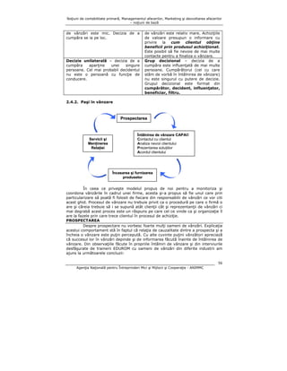 Noţiuni de contabilitate primară, Managementul afacerilor, Marketing şi dezvoltarea afacerilor
– noţiuni de bază

de vânzări este mic. Decizia de a
cumpăra se ia pe loc.

Decizie unilaterală – decizia de a
cumpăra
aparţine
unei
singure
persoane. Cel mai probabil decidentul
nu este o persoană cu funcţie de
conducere.

de vânzări este relativ mare. Achiziţiile
de valoare presupun o informare cu
privire la cum clientul obţine
beneficii prin produsul achiziţionat.
Este posibil să fie nevoie de mai multe
contacte pentru a finaliza o vânzare.
Grup decizional – decizia de a
cumpăra este influenţată de mai multe
persoane. Cumpărătorul (cel cu care
stăm de vorbă în întâlnirea de vânzare)
nu este singurul cu putere de decizie.
Grupul decizional este format din
cumpărător, decident, influenţator,
beneficiar, filtru.

2.4.2. Paşi în vânzare

Prospectarea

Servicii şi
Menţinerea
Relaţiei

Întâlnirea de vânzare CAPA©
Contactul cu clientul
Analiza nevoii clientului
Prezentarea soluţiilor
Acordul clientului

Încasarea şi furnizarea
produselor
În ceea ce priveşte modelul propus de noi pentru a monitoriza şi
coordona vânzările în cadrul unei firme, acesta şi-a propus să fie unul care prin
particularizare să poată fi folosit de fiecare din responsabilii de vânzări ce vor citi
acest ghid. Procesul de vânzare nu trebuie privit ca o procedură pe care o firmă o
are şi căreia trebuie să i se supună atât clienţii cât şi reprezentanţii de vânzări ci
mai degrabă acest proces este un răspuns pe care cel ce vinde ca şi organizaţie îl
are la fazele prin care trece clientul în procesul de achiziţie.
PROSPECTAREA
Despre prospectare nu vorbesc foarte mulţi oameni de vânzări. Explicaţia
acestui comportament stă în faptul că relaţia de cauzalitate dintre a prospecta şi a
încheia o vânzare este puţin percepută. Cu alte cuvinte puţini vânzători apreciază
că succesul lor în vânzări depinde şi de informarea făcută înainte de întâlnirea de
vânzare. Din observaţiile făcute în propriile întâlniri de vânzare şi din interviurile
desfăşurate de trainerii EDUROM cu oameni de vânzări din diferite industrii am
ajuns la următoarele concluzii:
56
Agenţia Naţională pentru Întreprinderi Mici şi Mijlocii şi Cooperaţie - ANIMMC

 