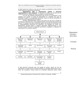 Noţiuni de contabilitate primară, Managementul afacerilor, Marketing şi dezvoltarea afacerilor
– noţiuni de bază

de altfel ignorat de multe ori, dar care prin simpla sa existenţă ar putea clarifica
multe situaţii de subordonare/coordonare.
Organigrama
este
o
reprezentare
grafică
a
structurii
organizatorice a unei companii. În realizarea sa trebuie să se ţină cont de
nivelurile ierarhice, relaţiile din cadrul companiei, funcţiile existente.
Cea mai des întâlnită organigramă este cea pe arii funcţionale în care
angajaţii sunt grupaţi în funcţie de specializările lor. Angajaţii sunt uşor de
repartizat în raport cu competenţele dezvoltate. Figura de mai jos exemplifică un
caz de structură organizatorică pe funcţiuni.
Numărul departamentelor poate fi mai mare sau mai mic în funcţie de
activitatea şi mărimea firmei. Toate departamentele sunt subordonate Directorului
Executiv. În acelaşi timp toate problemele legate, de exemplu de marketing, intră
în responsabilitatea directorului de Marketing. Toţi angajaţii din cadrul unui
departament lucrează pentru a îndeplini obiectivele departamentului în care
lucrează. Această structură încurajează specializarea angajaţilor şi câştigarea de
experienţă într-un domeniu specific.
Director Executiv

Departament
Financiar Contabil

Departament
Marketing

Contabilitate
financiară

Vânzări

Departament
Producţie

Aprovizionare

Departament
Cercetare Dezvoltare
Departament
Resurse
Umane

Departament
Cercetare
Dezvoltare

Administrare
personal

Cercetare

Cercetare

Proiecte
Contabilitate
primară

Relaţii Publice

Planificarea
producţiei

Recrutare şi
selecţie

Finanţări

Publicitate

Supraveghere
a producţiei

Proiecte

Pregătire
personal

Controlul
calităţii

O altă structură cunoscută este cea bazată pe produs. Figura de mai jos
exemplifică un model luat din industria textilelor cu manageri diferiţi pentru cele 3
divizii ale companiei. Fiecare divizie îşi urmăreşte obiectivele proprii având
67
Agenţia Naţională pentru Întreprinderi Mici şi Mijlocii şi Cooperaţie - ANIMMC

 