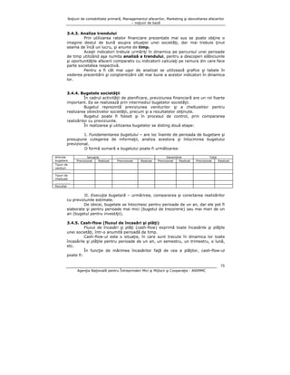 Noţiuni de contabilitate primară, Managementul afacerilor, Marketing şi dezvoltarea afacerilor
– noţiuni de bază

3.4.3. Analiza trendului
Prin utilizarea ratelor financiare prezentate mai sus se poate obţine o
imagine destul de bună asupra situaţiei unei societăţi, dar mai trebuie ţinut
seama de încă un lucru, şi anume de timp.
Aceşti indicatori trebuie urmăriţi în dinamica pe parcursul unei perioade
de timp utilizând aşa numita analiză a trendului, pentru a descoperi slăbiciunile
şi oportunităţile afacerii comparativ cu indicatorii calculaţi pe ramura din care face
parte societatea respectivă.
Pentru a fi cât mai uşor de analizat se utilizează grafice şi tabele în
vederea prezentării şi conştientizării cât mai bune a acestor indicatori în dinamica
lor.
3.4.4. Bugetele societăţii
În cadrul activităţii de planificare, previziunea financiară are un rol foarte
important. Ea se realizează prin intermediul bugetelor societăţii.
Bugetul reprezintă previziunea veniturilor şi a cheltuielilor pentru
realizarea obiectivelor societăţii, precum şi a rezultatelor obţinute.
Bugetul poate fi folosit şi în procesul de control, prin compararea
realizărilor cu previziunile.
În realizarea şi utilizarea bugetelor se disting două etape:
I. Fundamentarea bugetului – are loc înainte de perioada de bugetare şi
presupune culegerea de informaţii, analiza acestora şi întocmirea bugetului
previzionat.
O formă sumară a bugetului poate fi următoarea:
Articole
bugetare
Tipuri de
venituri
...............
Tipuri de
cheltuieli
...............
Rezultat

Ianuarie
Previzionat
Realizat

..................................
Previzionat
Realizat

Decembrie
Previzionat
Realizat

Total
Previzionat
Realizat

II. Execuţia bugetară – urmărirea, compararea şi corectarea realizărilor
cu previziunile estimate.
De obicei, bugetele se întocmesc pentru perioade de un an, dar ele pot fi
elaborate şi pentru perioade mai mici (bugetul de trezorerie) sau mai mari de un
an (bugetul pentru investiţii).
3.4.5. Cash-flow (fluxul de încasări şi plăţi)
Fluxul de încasări şi plăţi (cash-flow) exprimă toate încasările şi plăţile
unei societăţi, într-o anumită perioadă de timp.
Cash-flow-ul este o situaţie, în care sunt trecute în dinamica lor toate
încasările şi plăţile pentru perioade de un an, un semestru, un trimestru, o lună,
etc.
În funcţie de mărimea încasărilor faţă de cea a plăţilor, cash-flow-ul
poate fi:
75
Agenţia Naţională pentru Întreprinderi Mici şi Mijlocii şi Cooperaţie - ANIMMC

 