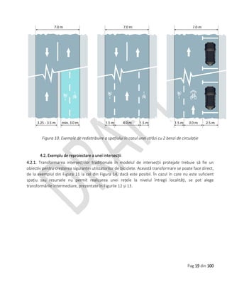 Pag 19 din 100
Figura 10. Exemple de redistribuire a spațiului în cazul unei străzi cu 2 benzi de circulație
4.2. Exemplu de reproiectare a unei intersecții
4.2.1. Transformarea intersecțiilor tradiționale în modelul de intersecții protejate trebuie să fie un
obiectiv pentru creșterea siguranței utilizatorilor de biciclete. Această transformare se poate face direct,
de la exemplul din Figura 11 la cel din Figura 14, dacă este posibil. În cazul în care nu este suficient
spațiu sau resursele nu permit realizarea unei rețele la nivelul întregii localități, se pot alege
transformările intermediare, prezentate în Figurile 12 și 13.
 