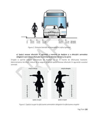 Pag 7 din 100
Figura 2. Distanța laterală recomandată în traficul general
e) Spațiul necesar efectuării în siguranță a manevrei de depășire și a efectuării semnalelor
obligatorii care trebuie efectuate la schimbarea direcției de mers și la oprire
Virajele si opririle trebuie semnalizate de bicicliști cu 25 m înainte de efectuarea manevrei.
Administratorul de drum trebuie să se asigure că există spațiul necesar efectuării în siguranță a acestor
semnale.
Figura 3. Spațiul ocupat la efectuarea semnalelor obligatorii la efectuarea virajelor
 