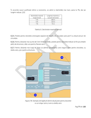 Pag 77 din 100
În anumite cazuri justificate tehnic și economic, se admit și declivități mai mari, pana la 7%, dar pe
lungimi reduse. [25]
Tabelul 6. Declivitate maximă admisă
6.2.5. Pistele pentru biciclete amenajate separat de benzile de circulație auto pot fi cu două sensuri de
circulație.
6.2.6. Pentru distanțe mai scurte de 5 km între localități, pistele pentru biciclete trebuie să fie pe ambele
părți ale drumului, câte una pentru fiecare sens.
6.2.7. Pentru distanțe mai lungi de 5 km se admite proiectarea unei singure piste pentru biciclete, cu
dublu sens, pe o parte a drumului.
Figura 78. Exemplu de legătură dintre două piste pentru biciclete
cu un singur sens și una cu dublu sens
Declivitatea maximă
longitudinală
Lungimea maximă cu
această declivitate
5 % 300 m
6 % 150 m
7 % 75 m
 
