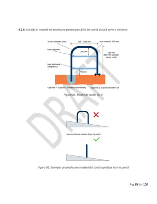 Pag 89 din 100
8.2.6. Condiţii şi modele de proiectare pentru parcările de scurtă durată pentru biciclete:
Figura 85. Model de rastel tip U
Figura 86. Exemplu de amplasare a rastelului cand suprafața este în pantă
 