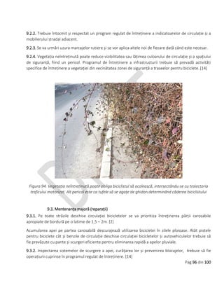 Pag 96 din 100
9.2.2. Trebuie întocmit și respectat un program regulat de întreținere a indicatoarelor de circulație și a
mobilierului stradal adiacent.
9.2.3. Se va urmări uzura marcajelor rutiere și se vor aplica altele noi de fiecare dată când este necesar.
9.2.4. Vegetația neîntreținută poate reduce vizibilitatea sau lățimea culoarului de circulație și a spațiului
de siguranță, fiind un pericol. Programul de întreținere a infrastructurii trebuie să prevadă activități
specifice de întreținere a vegetației din vecinătatea zonei de siguranță a traseelor pentru biciclete. [14]
Figura 94. Vegetația neîntreținută poate obliga biciclistul să ocolească, intersectându-se cu traiectoria
traficului motorizat. Alt pericol este ca tufele să se agațe de ghidon determinând căderea biciclistului
9.3. Mentenanța majoră (reparații)
9.3.1. Pe toate străzile deschise circulației bicicletelor se va prioritiza întreținerea părții carosabile
apropiate de bordură pe o latime de 1,5 – 2m. [2]
Acumularea apei pe partea carosabilă descurajează utilizarea bicicletei în zilele ploioase. Atât pistele
pentru biciclete cât și benzile de circulație deschise circulației bicicletelor și autovehiculelor trebuie să
fie prevăzute cu pante și scurgeri eficiente pentru eliminarea rapidă a apelor pluviale.
9.3.2. Inspectarea sistemelor de scurgere a apei, curățarea lor și prevenirea blocajelor, trebuie să fie
operațiuni cuprinse în programul regulat de întreținere. [14]
 