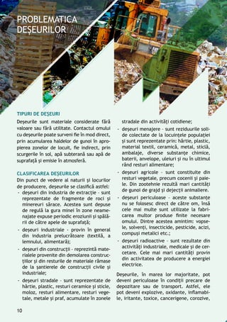 Tipuri de deșeuri
Deşeurile sunt materiale considerate fără
valoare sau fără utilitate. Contactul omului
cu deșeurile poate surveni fie în mod direct,
prin acumularea haldelor de gunoi în apro-
pierea zonelor de locuit, fie indirect, prin
scurgerile în sol, apă subterană sau apă de
suprafaţă şi emisie în atmosferă.
Clasificarea deșeurilor
Din punct de vedere al naturii şi locurilor
de producere, deşeurile se clasifică astfel:
-- deșeuri din industria de extracție – sunt
reprezentate de fragmente de roci şi
minereuri sărace. Acestea sunt depuse
de regulă la gura minei în zone neame-
najate expuse periodic eroziunii şi spălă-
rii de către apele de suprafaţă;
-- deșeuri industriale - provin în general
din industria prelucrătoare (textilă, a
lemnului, alimentară);
-- deșeuri din construcţii – reprezintă mate-
rialele provenite din demolarea construc-
ţiilor și din resturile de materiale rămase
de la şantierele de construcţii civile și
industriale;
-- deşeuri stradale – sunt reprezentate de
hârtie, plastic, resturi ceramice și sticle,
moloz, resturi alimentare, resturi vege-
tale, metale și praf, acumulate în zonele
stradale din activităţi cotidiene;
-- deşeuri menajere – sunt reziduurile soli-
de colectate de la locuinţele populaţiei
și sunt reprezentate prin: hârtie, plastic,
material textil, ceramică, metal, sticlă,
ambalaje, diverse substanţe chimice,
baterii, anvelope, uleiuri şi nu în ultimul
rând resturi alimentare;
-- deșeuri agricole – sunt constituite din
resturi vegetale, precum cocenii şi paie-
le. Din zootehnie rezultă mari cantităţi
de gunoi de grajd şi dejecţii animaliere.
-- deșeuri periculoase – aceste substanţe
nu se folosesc direct de către om, însă
cele mai multe sunt utilizate la fabri-
carea multor produse finite necesare
omului. Dintre acestea amintim: vopse-
le, solvenţi, insecticide, pesticide, acizi,
compuşi metalici etc.;
-- deșeuri radioactive – sunt rezultate din
activităţi industriale, medicale şi de cer-
cetare. Cele mai mari cantităţi provin
din activitatea de producere a energiei
electrice.
Deșeurile, în marea lor majoritate, pot
deveni periculoase în condiţii precare de
depozitare sau de transport. Astfel, ele
pot deveni explozive, oxidante, inflamabi-
le, iritante, toxice, cancerigene, corozive,
10
 