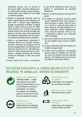 animalelor marine, care se încurcă în
ele sau le înghit. Cerneala folosită pen-
tru imprimarea pungilor conţine cadmiu,
metal foarte toxic, eliberat în aer odată
cu arderea pungilor;
6.	Sticlele şi borcanele aruncate anual ar
putea umple fostele turnuri gemene din
New York la fiecare două săptămâni.
Energia economisită reciclând o singură
sticlă ar putea lumina un bec de 100W
timp de patru ore. O treime din gunoiul
adunat anual și mai mult de jumătate din
plasticul aruncat anual este reprezentat
de ambalaje. Aproximativ 30% din plasti-
cul produs este folosit pentru ambalare;
7.	Pentru a se descompune, aluminiului îi
trebuiesc 400 de ani. Energia economi-
sită prin reciclarea unei singure cutii de
aluminiu ajunge pentru funcţionarea unui
televizor timp de trei ore. Reciclând alu-
minul se reduce poluarea aerului cu 95%.
Pentru a produce aluminiu din aluminiu
reciclat se foloseşte cu 90% mai puţină
energie;
8.	Anual, peste tot în lume, se aruncă în
jur de 28 de miliarde de sticle care vor
rămâne în permanenţă pe suprafaţa
Pământului;
9.	Pentru o tonă de hârtie se consumă 10-17
copaci.
10.	În medie un funcţionar de birou poate
recicla suficientă hârtie anual pentru a
salva cel puţin un copac. Dacă vei arun-
ca o privire în coşul de gunoi dintr-un
birou oarecare vei găsi probabil foi cu
antet, fotocopii, scrisori nefolositoare,
ziare, doze de aluminiu, PET-uri, etc.
- majoritatea acestora sunt materiale
100% reciclabile;
11.	Mai mult de 200 mil. de tone de pestici-
de sunt folosite anual numai în Califor-
nia;
12.	În SUA, aproximativ 70% din metale sunt
folosite o singură dată;
13.	În SUA, într-un an obişnuit, se extrag din
deșeuri peste 27 milioane tone de hâr-
tie, circa 3,6 milioane tone de materiale
plastice, 48 miliarde cutii de conserve,
26 milioane tone butelii diferite.
Simbolul eco-ambalajului!
”Punctul verde” – simbol
internațional care indică
faptul că producătorul a avut
o contribuție la reciclarea
ambalajelor. Nu înseam-
nă neapărat că ambalajul
poate fi reciclat sau că este
făcut din material reciclat.
Simbol pentru sticlă
reciclabilă!
Indică faptul că recipientul
din sticlă este reciclabil.
Simbol pentru
aluminiul reciclabil!
Indică faptul că recipientul
conține aluminiu reciclabil.
Simbol pentru metal
reciclabil!
Indică faptul că recipientul
conține metal reciclabil.
Simbolul omului civilizat!
Păstrează-ți țara curată!
31
 