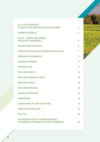 Cuprins
DE CE ESTE IMPORTANTĂ
ȘI CUM ESTE IMPLEMENTATĂ ACEASTĂ ACTIVITATE?			 3
INFORMAȚII GENERALE					 4
CEI 4 R - “REDUCE, REFOLOSEȘTE,
RECICLEAZĂ, REGÂNDEȘTE!”					 5
POLUAREA APEI ŞI A SOLULUI 					 6
CONSECINŢELE MAJORE ALE POLUĂRII APEI ŞI SOLULUI		 7
PROBLEMATICA DEȘEURILOR					 8
DEȘEURILE ÎN NATURĂ					 11
CUM POȚI AJUTA						 13
RECICLAREA HÂRTIEI					 16	
RECICLAREA MASELOR PLASTICE				 18
RECICLAREA STICLEI						19
	
Reciclarea metalului					20
AVANTAJELE RECICLĂRII					 21	
COMPOSTAREA						 22
LUCRURI SIMPLE PE CARE LE POŢI FACE				 24
SCURT GHID DE RECICLARE					 27
	
ŞTIAŢI CĂ…						 28
DICȚIONAR EXPLICATIV AL SIMBOLURILOR ECO
CE SE regăsesc PE AMBALAJE, DIVERSE ECHIPAMENTE		 29
		
4
 