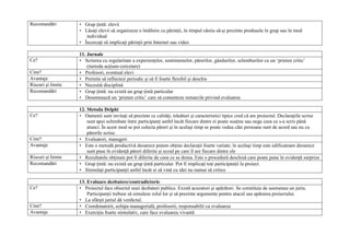 Recomand ri        • Grup int : elevii
                   • L sa i elevii s organizeze o întâlnire cu p rin ii, în timpul c reia s - i prezinte produsele în grup sau în mod
                      individual
                   • Încerca i s implica i p rin ii prin Internet sau video

                   11. Jurnale
Ce?                • Scrierea cu regularitate a experien elor, sentimentelor, p rerilor, gândurilor, schimburilor cu un ‘prieten critic’
                       (metoda ac iune-cercetare)
Cine?              • Profesori, eventual elevi
Avantaje           • Permite s reflectezi periodic i s fi foarte flexibil i deschis
Riscuri i limite   • Necesit disciplin
Recomand ri        • Grup int : nu exist un grup int particular
                   • Desemneaz un ‘prieten critic’ care s comenteze remarcile privind evaluarea

                   12. Metoda Delphi
Ce?                • Oamenii sunt invita i s prezinte ce calit i, tr s turi i caracteristici tipice cred c are proiectul. Declara iile scrise
                       sunt apoi schimbate între participan i astfel încât fiecare dintre ei poate sus ine sau nega ceea ce s-a scris pân
                       atunci. În acest mod se pot colecta p reri i în acela i timp se poate vedea câte persoane sunt de acord sau nu cu
                       p rerile scrise.
Cine?              • Evaluatori, manageri
Avantaje           • Este o metod productiv deoarece putem ob ine declara ii foarte variate; în acela i timp este edificatoare deoarece
                       sunt puse în eviden p reri diferite i ecoul pe care îl are fiecare dintre ele
Riscuri i limite   • Rezultatele ob inute pot fi diferite de ceea ce se dorea. Este o procedur deschis care poate pune în eviden surprize
Recomand ri        • Grup int : nu exist un grup int particular. Pot fi implica i to i participan ii la proiect
                   • Stimula i participan ii astfel încât ei s vin cu idei nu numai s critice

                   13. Evaluare dezbatere/contradictorie
Ce?                • Proiectul face obiectul unei dezbateri publice. Exist acuzatori i ap r tori. Se constituie de asemenea un juriu.
                       Participan ii trebuie s simuleze rolul lor i s prezinte argumente pentru atacul sau ap rarea proiectului.
                   • La sfâr it juriul d verdictul.
Cine?              • Coordonatorii, echipa managerial , profesorii, responsabilii cu evaluarea
Avantaje           • Exerci iu foarte stimulativ, care face evaluarea vivant
 