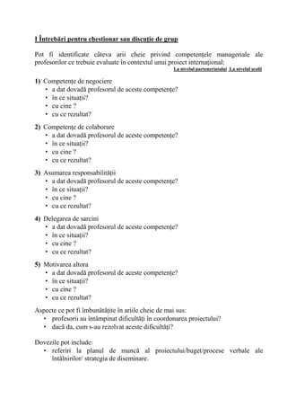 I Întreb'ri pentru chestionar sau discu/ie de grup

Pot fi identificate câteva arii cheie privind competen ele manageriale ale
profesorilor ce trebuie evaluate în contextul unui proiect interna ional:
                                                 La nivelul parteneriatului La nivelul 0colii

1) Competen e de negociere
   • a dat dovad profesorul de aceste competen e?
   • în ce situa ii?
   • cu cine ?
   • cu ce rezultat?
2) Competen e de colaborare
   • a dat dovad profesorul de aceste competen e?
   • în ce situa ii?
   • cu cine ?
   • cu ce rezultat?
3) Asumarea responsabilit ii
   • a dat dovad profesorul de aceste competen e?
   • în ce situa ii?
   • cu cine ?
   • cu ce rezultat?
4) Delegarea de sarcini
   • a dat dovad profesorul de aceste competen e?
   • în ce situa ii?
   • cu cine ?
   • cu ce rezultat?
5) Motivarea altora
   • a dat dovad profesorul de aceste competen e?
   • în ce situa ii?
   • cu cine ?
   • cu ce rezultat?
Aspecte ce pot fi îmbun t ite în ariile cheie de mai sus:
  • profesorii au întâmpinat dificult i în coordonarea proiectului?
  • dac da, cum s-au rezolvat aceste dificult i?

Dovezile pot include:
  • referiri la planul de munc al proiectului/buget/procese verbale ale
     întâlnirilor/ strategia de diseminare.
 