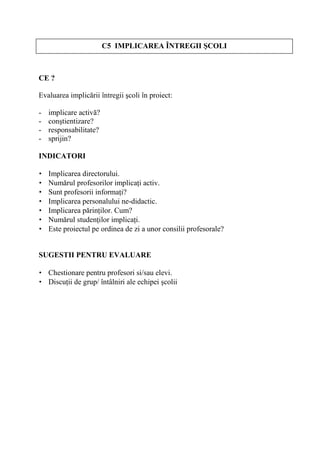 C5 IMPLICAREA ÎNTREGII COLI



CE ?

Evaluarea implic rii întregii coli în proiect:

-   implicare activ ?
-   con tientizare?
-   responsabilitate?
-   sprijin?

INDICATORI

•   Implicarea directorului.
•   Num rul profesorilor implica i activ.
•   Sunt profesorii informa i?
•   Implicarea personalului ne-didactic.
•   Implicarea p rin ilor. Cum?
•   Num rul studen ilor implica i.
•   Este proiectul pe ordinea de zi a unor consilii profesorale?


SUGESTII PENTRU EVALUARE

• Chestionare pentru profesori si/sau elevi.
• Discu ii de grup/ întâlniri ale echipei colii
 