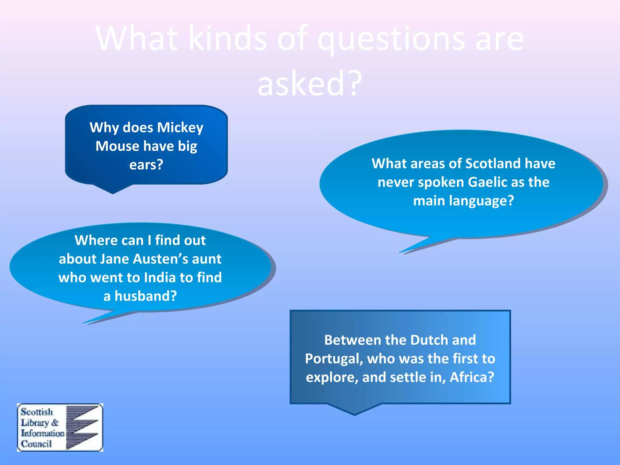 What kinds of questions are
asked?
Why does Mickey
Mouse have big
ears? What areas of Scotland have
never spoken Gaelic as the
main language?
Between the Dutch and
Portugal, who was the first to
explore, and settle in, Africa?
Where can I find out
about Jane Austen’s aunt
who went to India to find
a husband?
Where can I find out
about Jane Austen’s aunt
who went to India to find
a husband?
 