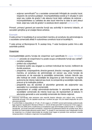 16
-- acţionar semnificativ8
la o societate comercială înfiinţată de consiliul local,
respectiv de consiliul judeţean. Incompatibilitatea există şi în situaţia în care
soţul sau rudele de gradul I ale alesului local deţin calitatea de acţionar -
incompatibilitatea cu calitatea de ales local intervine la data la care alesul
local, soţul sau ruda de gradul I a acestuia devin acţionari (articolul 89).
Primarii, primarul general pot exercita funcţii sau activităţi în domeniul didactic, al
cercetării ştiinţifice şi al creaţiei literar-artistice.
Exemple
X este primar în localitatea A și concomitent membru al consiliului de administraţie la
o societate comercială aflată în subordinea consiliului local al localităţii A.
Y este primar al Municipiului B. În același timp, Y este funcționar public într-o altă
autoritate publică.
Viceprimar
Incompatibilităţile pentru funcţia de viceprimar sunt specificate în Legea 161/2003.
Articolul 87 prevede că viceprimarul nu poate ocupa următoarele funcţii sau calități9
:
-- consilier judeţean;
-- prefect sau subprefect;
-- funcţionar public sau angajat cu contract individual de muncă, indiferent de
durata acestuia;
-- preşedinte, vicepreşedinte, director general, director, manager, administrator,
membru al consiliului de administraţie ori cenzor sau orice funcţie de
conducere ori de execuţie la societăţile comerciale, inclusiv băncile sau
alte instituţii de credit, societăţile de asigurare şi cele financiare, la regiile
autonome de interes naţional sau local, la companiile şi societăţile naţionale,
precum şi la instituţiile publice;
-- preşedinte sau de secretar al adunărilor generale ale acţionarilor sau
asociaţilor la o societate comercială;
-- reprezentant al unităţii administrativ-teritoriale în adunările generale ale
societăţilor comerciale de interes local sau de reprezentant al statului în
adunarea generală a unei societăţi comerciale de interes naţional;
8	 Acționarul semnificativ este persoana care exercită drepturi aferente unor acţiuni care, cumulate,
reprezintă cel puţin 10% din capitalul social sau îi conferă cel puţin 10% din totalul drepturilor de vot în
adunarea generală.
9	 În conformitate cu dispozițiile art. 57 alin. (7) din Legea nr. 215/2001 privind administraţia publică locală,
lege organică, republicată în Monitorul Oficial nr. 123 din 20 februarie 2007 în temeiul art. III din Legea nr.
286 din 29 iunie 2006 pentru modificarea şi completarea Legii administraţiei publice locale nr. 215/2001,
republicată: „pe durata exercitării mandatului, viceprimarul îşi păstrează statutul de consilier local, fără a
beneficia de indemnizaţia aferentă acestui statut”. În situația în care persoana care îndeplinește funcția
de viceprimar nu a încasat indemnizația de consilier local, legea nu prevede nicio sancțiune, aceasta
nereprezentând o încălcare a regimului incompatibilităților.
 