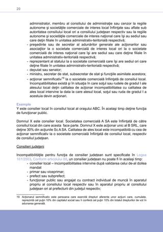 20
administrator, membru al consiliului de administraţie sau cenzor la regiile
autonome şi societăţile comerciale de interes local înfiinţate sau aflate sub
autoritatea consiliului local ori a consiliului judeţean respectiv sau la regiile
autonome şi societăţile comerciale de interes naţional care îşi au sediul sau
care deţin filiale în unitatea administrativ-teritorială respectivă;
-- preşedinte sau de secretar al adunărilor generale ale acţionarilor sau
asociaţilor la o societate comercială de interes local ori la o societate
comercială de interes naţional care îşi are sediul sau care deţine filiale în
unitatea administrativ-teritorială respectivă;
-- reprezentant al statului la o societate comercială care îşi are sediul ori care
deţine filiale în unitatea administrativ-teritorială respectivă;
-- deputat sau senator;
-- ministru, secretar de stat, subsecretar de stat şi funcţiile asimilate acestora;
-- acţionar semnificativ19
la o societate comercială înfiinţată de consiliul local.
Incompatibilitatea există şi în situaţia în care soţul sau rudele de gradul I ale
alesului local deţin calitatea de acţionar incompatibilitatea cu calitatea de
ales local intervine la data la care alesul local, soţul sau ruda de gradul I a
acestuia devin acţionari.
Exemple
Y este consilier local în consiliul local al oraşului ABC. În acelaşi timp deţine funcţia
de funcţionar public.
Domnul X este consilier local. Societatea comercială A SA este înființată de către
consiliul local din care acesta face parte. Domnul X este acţionar unic al B SRL, care
deţine 30% din acţiunile Sc A SA. Calitatea de ales local este incompatibilă cu cea de
acţionar semnificativ la o societate comercială înfiinţată de consiliul local, respectiv
de consiliul judeţean.
Consilieri judeţeni
Incompatibilităţile pentru funcţia de consilier județean sunt specificate în Legea
161/2003. Conform articolului 88, un consilier județean nu poate fi în același timp:
-- consilier local – incompatibilitatea intervine după validarea celui de-al doilea
mandat
-- primar sau viceprimar;
-- prefect sau subprefect;
-- funcţionar public sau angajat cu contract individual de muncă în aparatul
propriu al consiliului local respectiv sau în aparatul propriu al consiliului
judeţean ori al prefecturii din judeţul respectiv;
19	 Acționarul semnificativ este persoana care exercită drepturi aferente unor acţiuni care, cumulate,
reprezintă cel puţin 10% din capitalul social sau îi conferă cel puţin 10% din totalul drepturilor de vot în
adunarea generală.
 