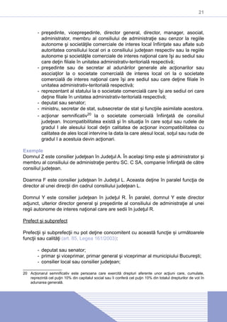21
-- preşedinte, vicepreşedinte, director general, director, manager, asociat,
administrator, membru al consiliului de administraţie sau cenzor la regiile
autonome şi societăţile comerciale de interes local înfiinţate sau aflate sub
autoritatea consiliului local ori a consiliului judeţean respectiv sau la regiile
autonome şi societăţile comerciale de interes naţional care îşi au sediul sau
care deţin filiale în unitatea administrativ-teritorială respectivă;
-- preşedinte sau de secretar al adunărilor generale ale acţionarilor sau
asociaţilor la o societate comercială de interes local ori la o societate
comercială de interes naţional care îşi are sediul sau care deţine filiale în
unitatea administrativ-teritorială respectivă;
-- reprezentant al statului la o societate comercială care îşi are sediul ori care
deţine filiale în unitatea administrativ-teritorială respectivă;
-- deputat sau senator;
-- ministru, secretar de stat, subsecretar de stat şi funcţiile asimilate acestora.
-- acţionar semnificativ20
la o societate comercială înfiinţată de consiliul
judeţean. Incompatibilitatea există şi în situaţia în care soţul sau rudele de
gradul I ale alesului local deţin calitatea de acţionar incompatibilitatea cu
calitatea de ales local intervine la data la care alesul local, soţul sau ruda de
gradul I a acestuia devin acţionari.
Exemple
Domnul Z este consilier judeţean în Judeţul A. În acelaşi timp este şi administrator şi
membru al consiliului de administraţie pentru SC. C SA, companie înfiinţată de către
consiliul județean.
Doamna F este consilier judeţean în Judeţul L. Aceasta deţine în paralel funcţia de
director al unei direcţii din cadrul consiliului judeţean L.
Domnul Y este consilier judeţean în judeţul R. În paralel, domnul Y este director
adjunct, ulterior director general şi preşedinte al consiliului de administraţie al unei
regii autonome de interes naţional care are sedii în judeţul R.
Prefect și subprefect
Prefecţii și subprefecţii nu pot deţine concomitent cu această funcţie și următoarele
funcţii sau calităţi (art. 85, Legea 161/2003):
-- deputat sau senator;
-- primar şi viceprimar, primar general şi viceprimar al municipiului Bucureşti;
-- consilier local sau consilier judeţean;
20	 Acționarul semnificativ este persoana care exercită drepturi aferente unor acţiuni care, cumulate,
reprezintă cel puţin 10% din capitalul social sau îi conferă cel puţin 10% din totalul drepturilor de vot în
adunarea generală.
 