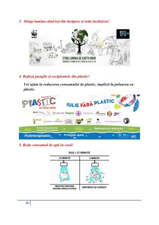 26
3. Stinge lumina când ieși din încăpere și redu încălzirea!
4. Refuză pungile și recipientele din plastic!
Vei ajuta la reducerea consumului de plastic, implicit la poluarea cu
plastic.
5. Redu consumul de apă în casă!
 
