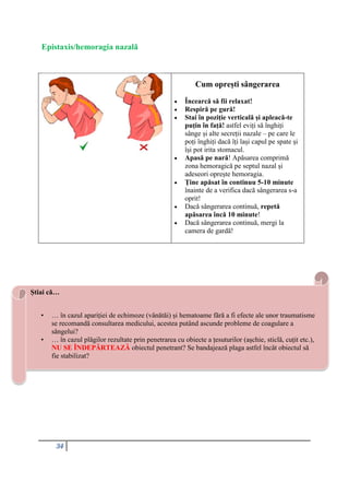 34
Epistaxis/hemoragia nazală
Cum oprești sângerarea
 Încearcă să fii relaxat!
 Respiră pe gură!
 Stai în poziție verticală și apleacă-te
puțin în față! astfel eviți să înghiți
sânge și alte secreții nazale – pe care le
poți înghiți dacă îți lași capul pe spate și
își pot irita stomacul.
 Apasă pe nară! Apăsarea comprimă
zona hemoragică pe septul nazal și
adeseori oprește hemoragia.
 Ține apăsat în continuu 5-10 minute
înainte de a verifica dacă sângerarea s-a
oprit!
 Dacă sângerarea continuă, repetă
apăsarea încă 10 minute!
 Dacă sângerarea continuă, mergi la
camera de gardă!
Știai că…
• … în cazul apariției de echimoze (vânătăi) și hematoame fără a fi efecte ale unor traumatisme
se recomandă consultarea medicului, acestea putând ascunde probleme de coagulare a
sângelui?
• … în cazul plăgilor rezultate prin penetrarea cu obiecte a țesuturilor (așchie, sticlă, cuțit etc.),
NU SE ÎNDEPĂRTEAZĂ obiectul penetrant? Se bandajează plaga astfel încât obiectul să
fie stabilizat?
 