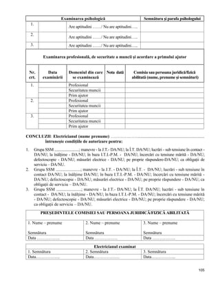 105
Examinarea psihologică Semnătura şi parafa psihologului
1.
Are aptitudini ……/ Nu are aptitudini…..
2.
Are aptitudini ……/ Nu are aptitudini…..
3. Are aptitudini ……/ Nu are aptitudini…..
Examinarea profesională, de securitate a muncii şi acordare a primului ajutor
Nr.
crt.
Data
examinării
Domeniul din care
se examinează
Nota dată Comisia sau persoana juridică/fizică
abilitată (nume, prenume şi semnături)
1. Profesional
Securitatea muncii
Prim ajutor
2. Profesional
Securitatea muncii
Prim ajutor
3. Profesional
Securitatea muncii
Prim ajutor
CONCLUZII: Electricianul (nume prenume) …………..…….............................................................
întruneşte condiţiile de autorizare pentru:
1. Grupa SSM .........................; manevre - la J.T.- DA/NU; la Î.T. DA/NU; lucrări - sub tensiune în contact -
DA/NU; la înălţime - DA/NU; în baza I.T.I.-P.M. - DA/NU; încercări cu tensiune mărită - DA/NU;
defectoscopie - DA/NU; măsurări electrice - DA/NU; pe proprie răspundere-DA/NU; ca obligaţii de
serviciu – DA/NU.
2. Grupa SSM .......................; manevre - la J.T. - DA/NU; la Î.T. - DA/NU; lucrări - sub tensiune în
contact DA/NU; la înălţime DA/NU; în baza I.T.I.-P.M. - DA/NU; încercări cu tensiune mărită -
DA/NU; defectoscopie - DA/NU; măsurări electrice - DA/NU; pe proprie răspundere - DA/NU; ca
obligaţii de serviciu – DA/NU.
3. Grupa SSM .......................; manevre - la J.T.- DA/NU; la Î.T. DA/NU; lucrări - sub tensiune în
contact - DA/NU; la înălţime - DA/NU; în baza I.T.I.-P.M. - DA/NU; încercări cu tensiune mărită
- DA/NU; defectoscopie - DA/NU; măsurări electrice - DA/NU; pe proprie răspundere - DA/NU;
ca obligaţii de serviciu – DA/NU.
PREŞEDINTELE COMISIEI SAU PERSOANA JURIDICĂ/FIZICĂ ABILITATĂ
1. Nume – prenume
Semnătura
2. Nume – prenume
Semnătura
3. Nume – prenume
Semnătura
Data ……………. Data ……………. Data …………….
Electricianul examinat
1. Semnătura 2. Semnătura 3. Semnătura
Data…………….. Data……………… Data……………..
 