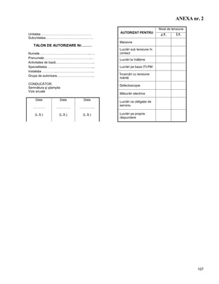 107
ANEXA nr. 2
Unitatea…………………………………………
Subunitatea…………………………….….…….
TALON DE AUTORIZARE Nr………
Numele………………………………………...….
Prenumele……………………………………..…
Activitatea de bază.……………………….……..
Specialitatea……………………………………...
Instalaţia …………..……………………………..
Grupa de autorizare……………………………..
CONDUCĂTOR,
Semnătura şi ştampila
Vize anuale
Data
…………
(L.S.)
Data
………….
(L.S.)
Data
…………..
(L.S.)
AUTORIZAT PENTRU
Nivel de tensiune
J.T. Î.T.
Manevre
Lucrări sub tensiune în
contact
Lucrări la înălţime
Lucrări pe baza ITI-PM
Încercări cu tensiune
mărită
Defectoscopie
Măsurări electrice
Lucrări ca obligaţie de
serviciu
Lucrări pe proprie
răspundere
 