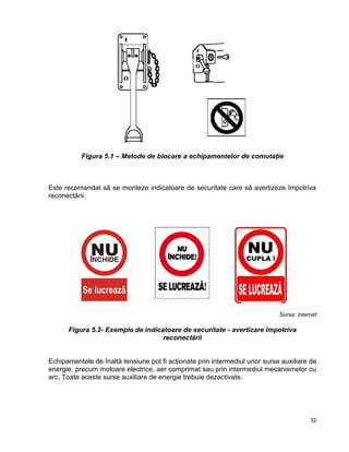 32
Figura 5.1 – Metode de blocare a echipamentelor de comutaţie
Este recomandat să se monteze indicatoare de securitate care să avertizeze împotriva
reconectării.
Sursa: internet
Figura 5.2- Exemple de indicatoare de securitate - avertizare împotriva
reconectării
Echipamentele de înaltă tensiune pot fi acţionate prin intermediul unor surse auxiliare de
energie, precum motoare electrice, aer comprimat sau prin intermediul mecanismelor cu
arc. Toate aceste surse auxiliare de energie trebuie dezactivate.
 